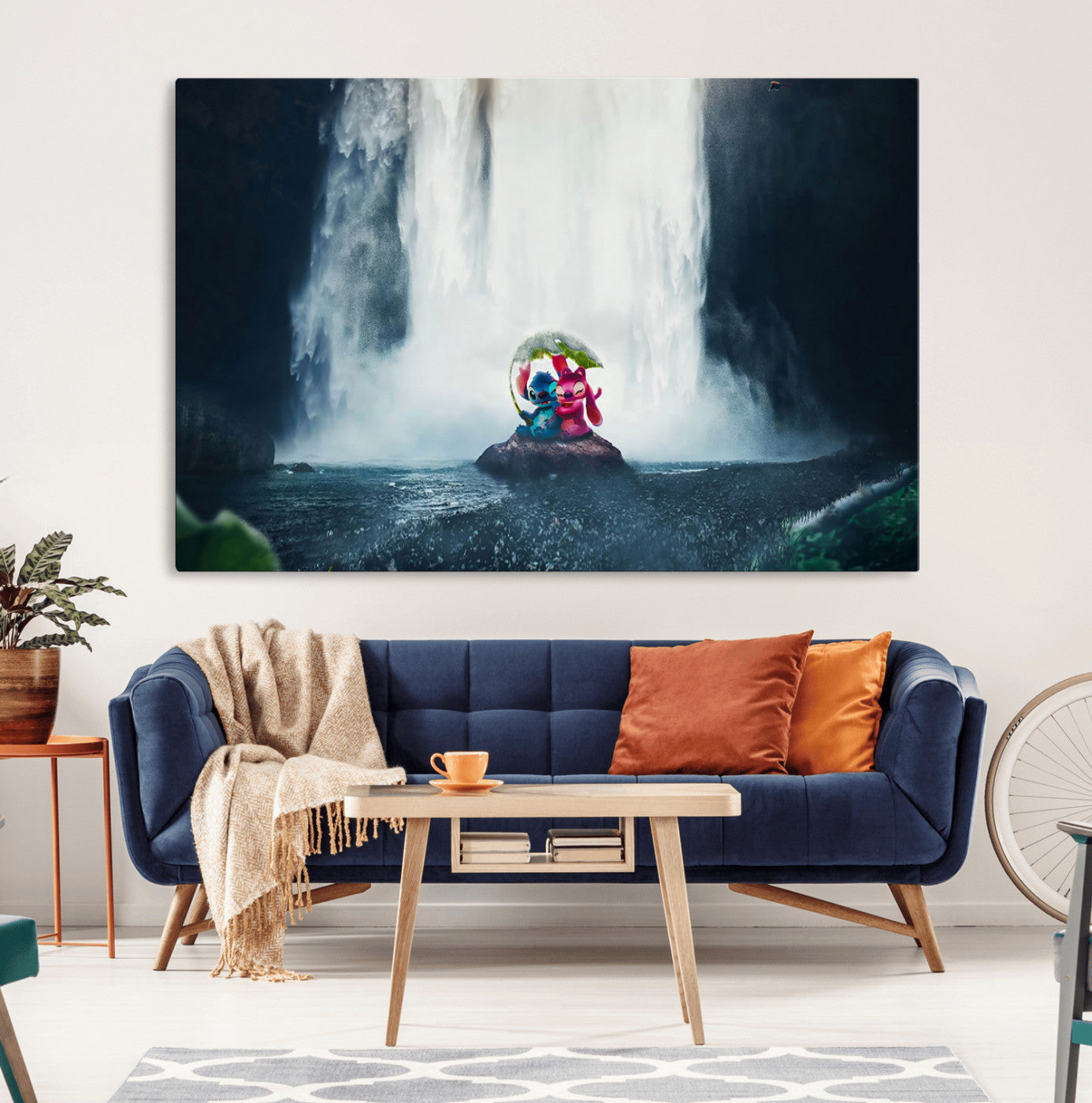 32259-MGV-CV-36X24-Stitch Angel Wall Art Canvas Print, Framed Stitch Waterfall Art Picture Print, Cartoon Couple Perfect Moody Fantasy Decor Artwork