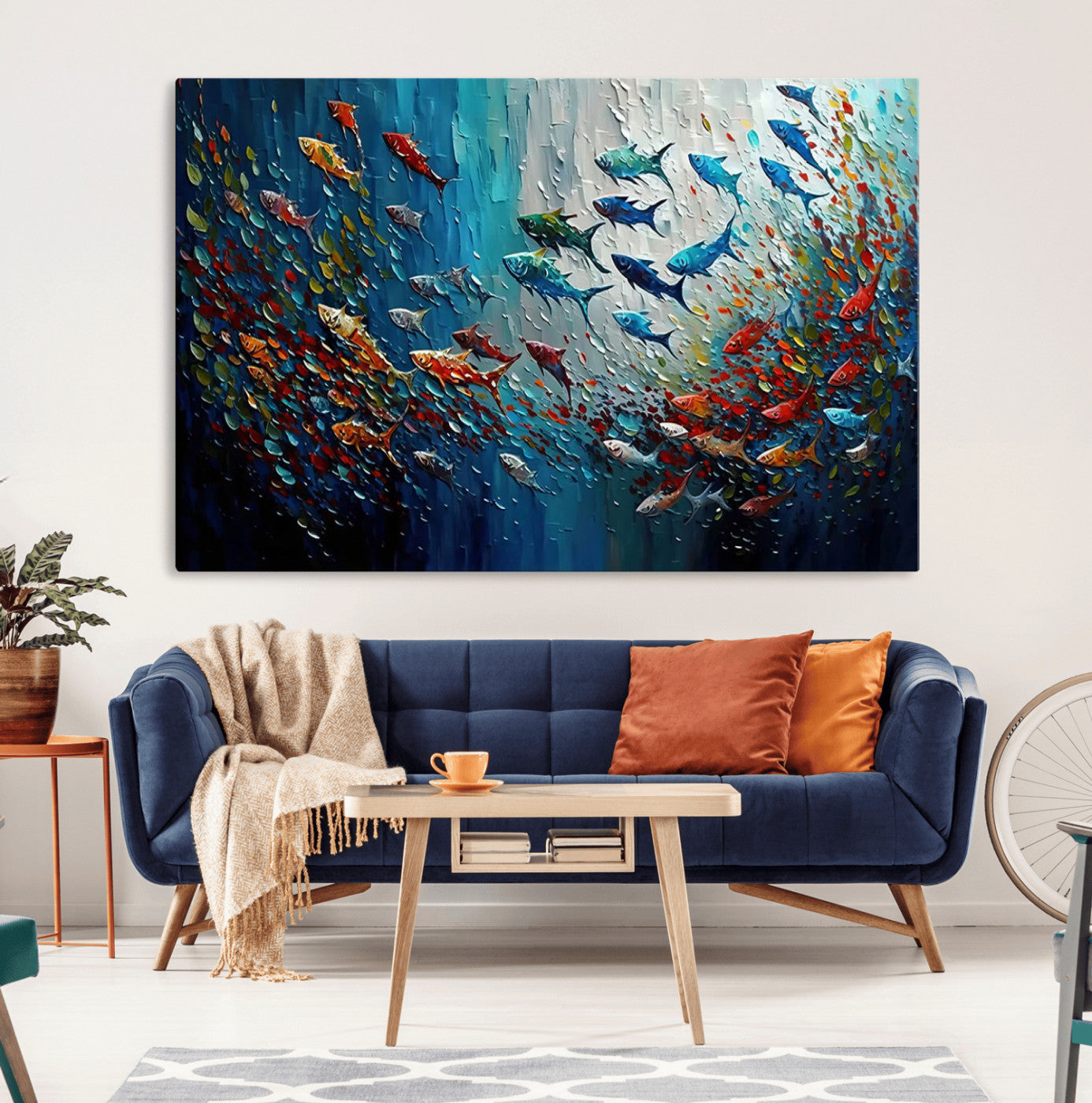 89626-MGV-CV-36X24-Fish Swarm Wall Art Canvas Print, Framed Abstract Ocean Art Picture Print, Underwater Life Perfect Vibrant Coastal Decor Artwork