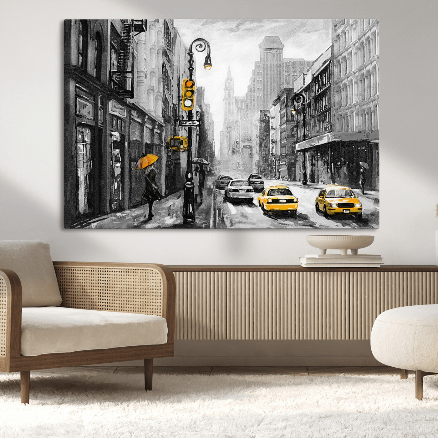 32362-MGV-CV-36X24-NYC Street Wall Art – Black and White Cityscape with Yellow Taxis and Umbrella Canvas Print, Urban Home Decor for Living Room or