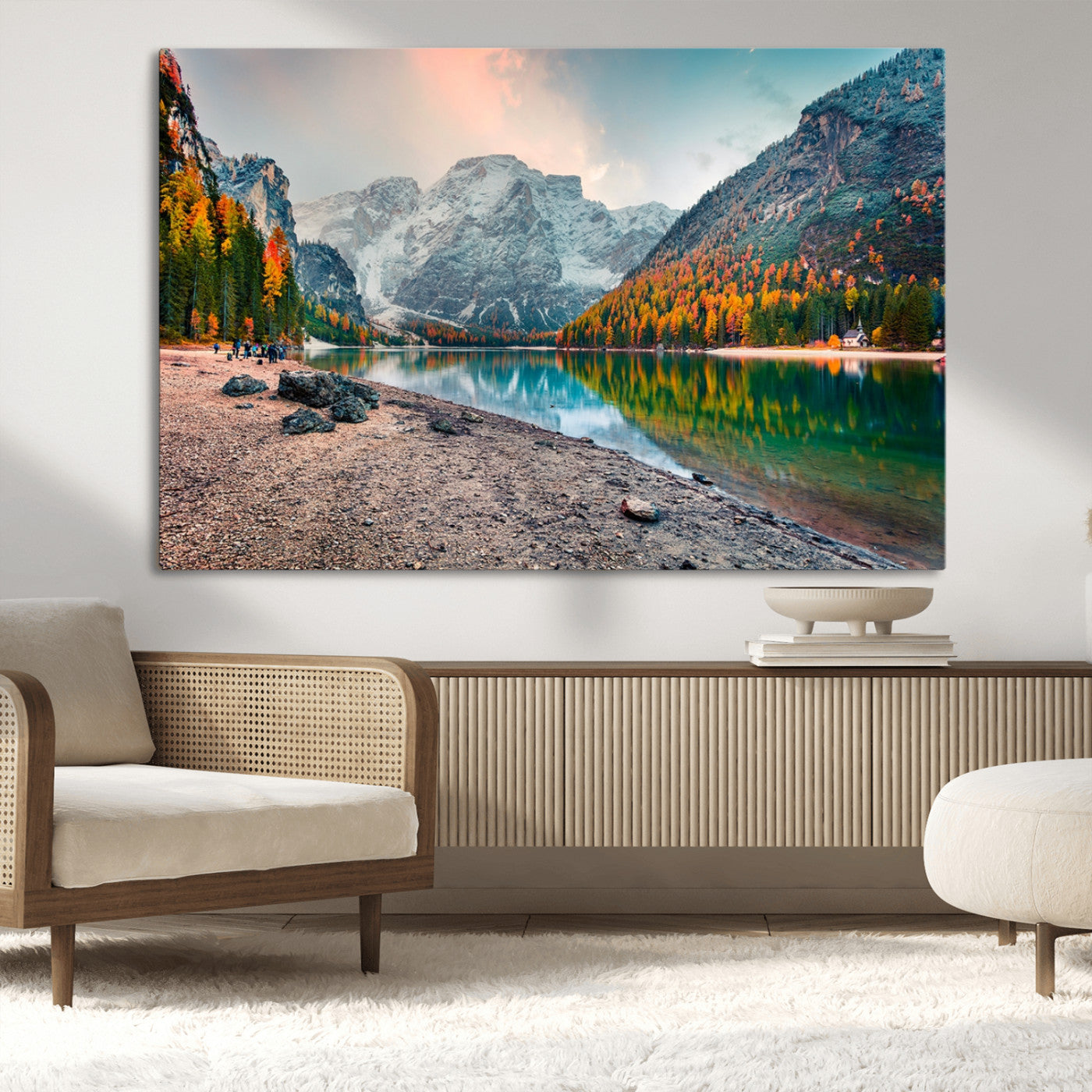 25982-MGV-CV-36X24-Autumn Mountain Lake Wall Art – Panoramic Fall Foliage and Snowy Peaks Canvas Print, Scenic Nature Decor for Living Room or Office