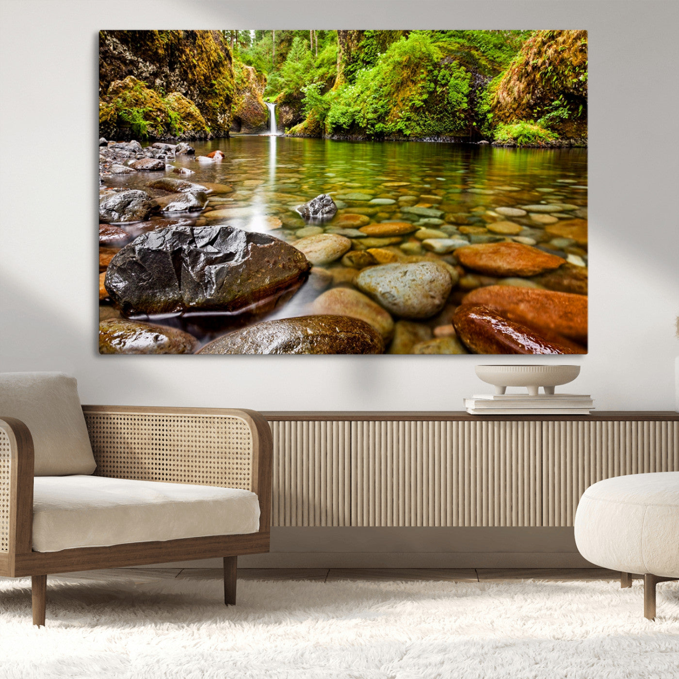 98096-MGV-CV-36X24-Serene River Waterfall Nature Photo – Calm Clear Water, Vibrant Green Forest and Smooth Stones Landscape Wall Art for Home or