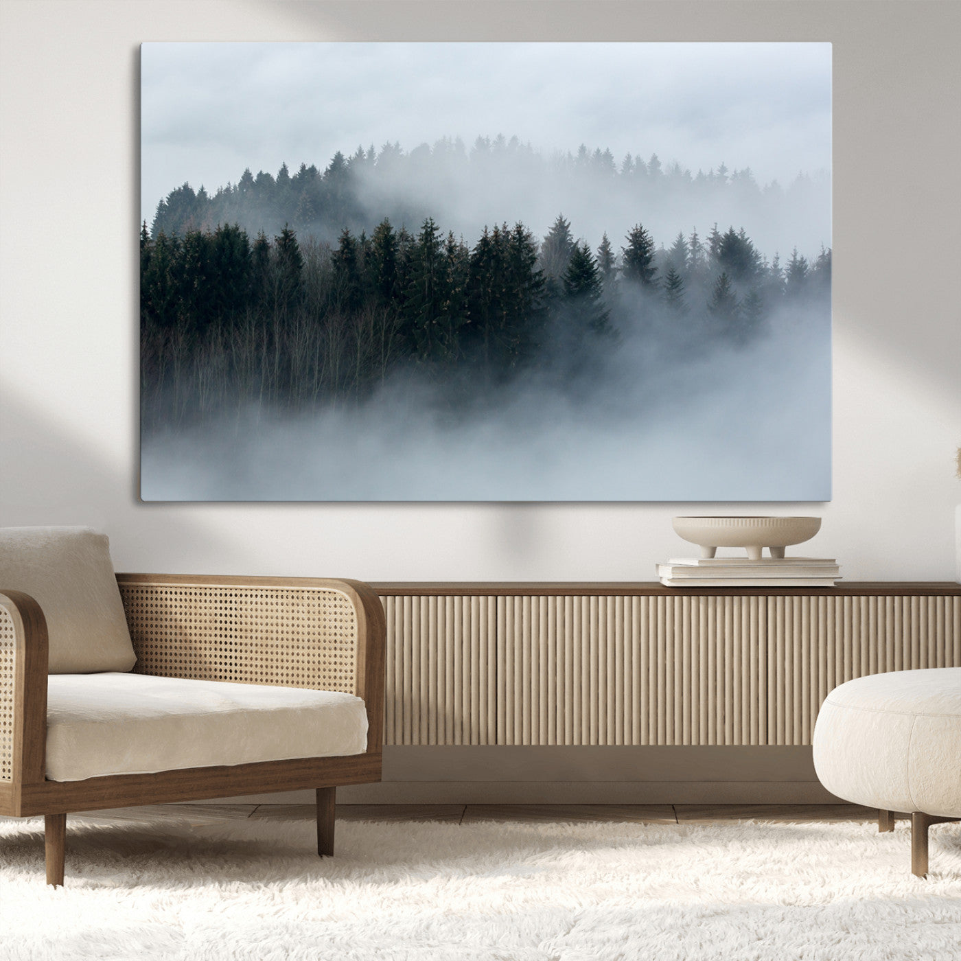 42596-MGV-CV-36X24-Misty Forest Wall Art – Atmospheric Pine Trees Canvas Print, Nature Landscape Decor for Living Room, Bedroom, Office, or Cabin