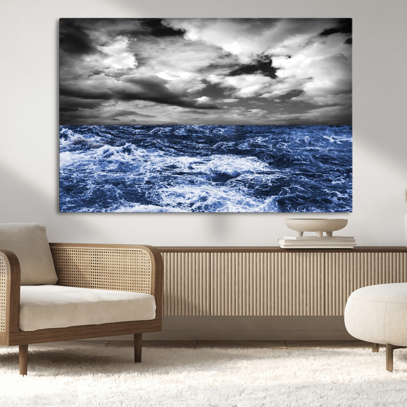 36012-MGV-CV-36X24-Dramatic Stormy Ocean Waves Black and White with Deep Blue Highlights – Moody Seascape Wall Art, Nature Photography Print for Home