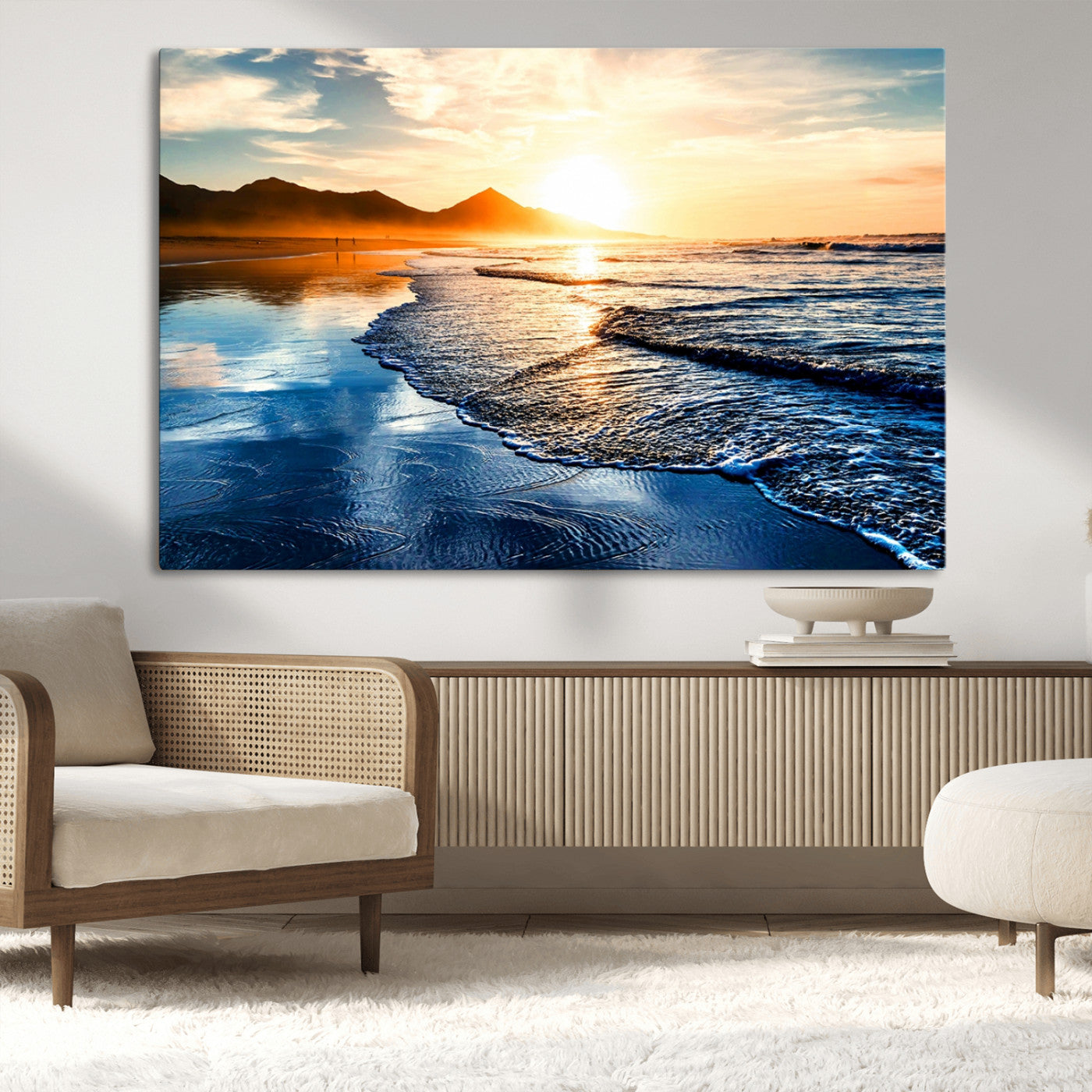 86173-MGV-CV-36X24-Golden Sunset Beach Wall Art – Reflective Ocean Canvas Print with Mountains and Waves, Coastal Nature Decor for Living Room,
