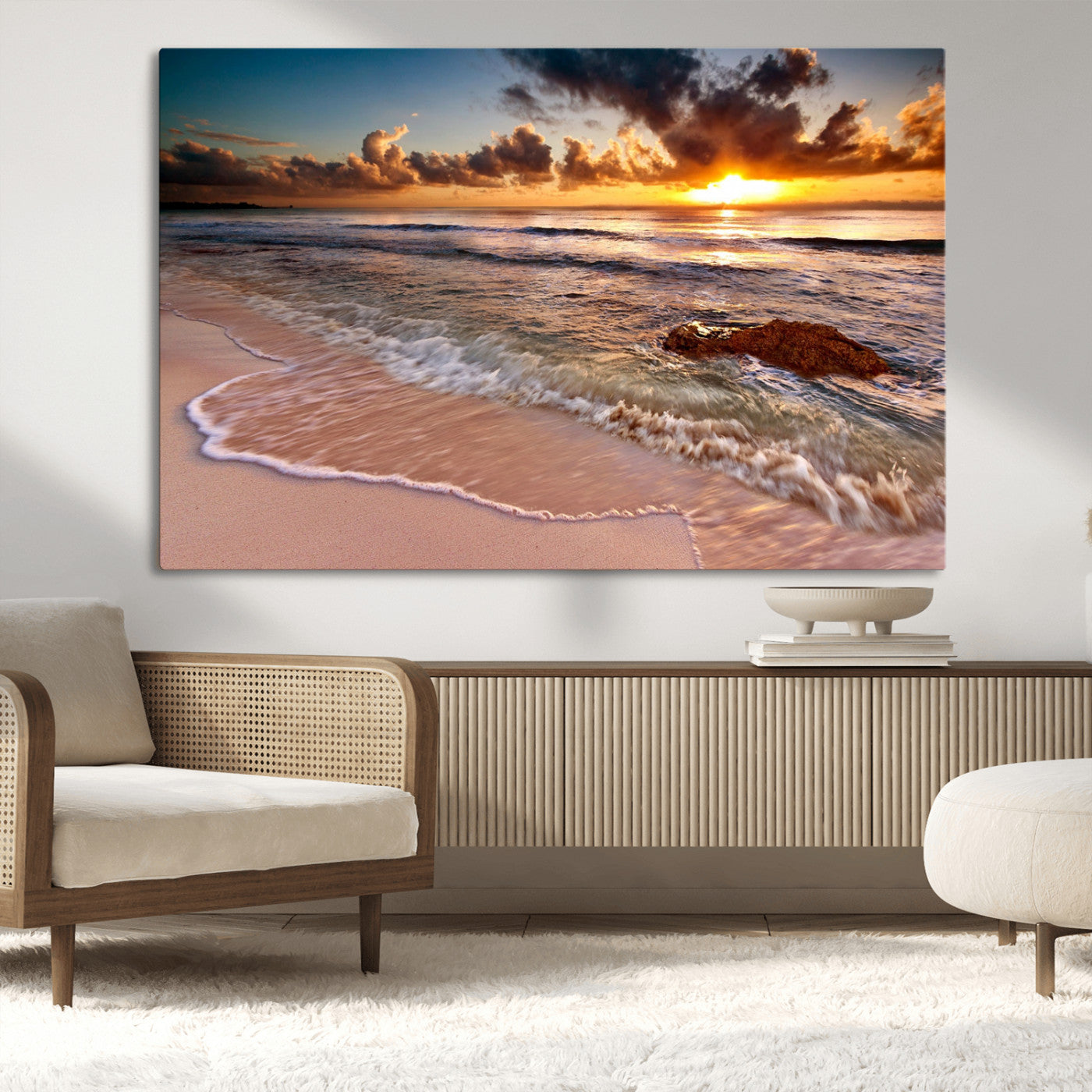 38302-MGV-CV-36X24-Sunset Beach Wall Art – Stunning Ocean Waves and Rock Canvas Print, Warm Coastal Decor for Living Room, Bedroom, Office or Beach