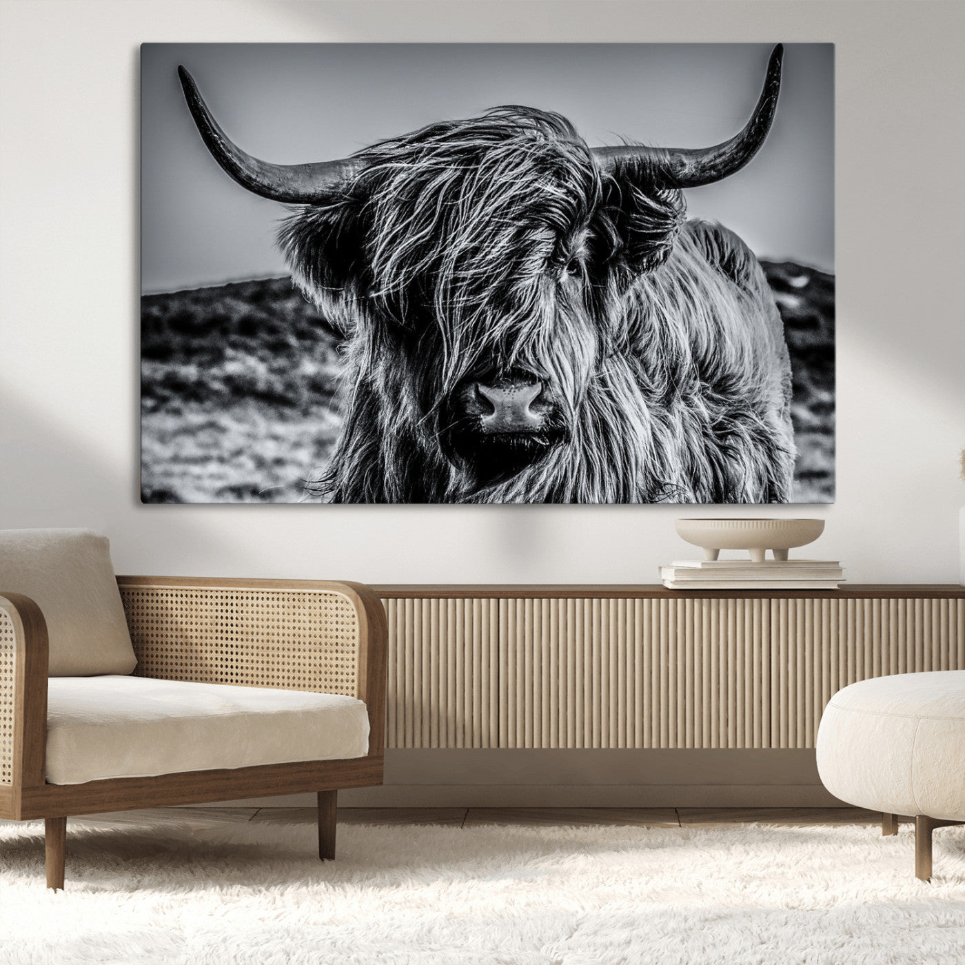 97372-MGV-CV-36X24-Elegant Highland Cow Wall Art – Black and White Canvas Print, Rustic Nature Decor for Home, Office, Living Room or Man Cave