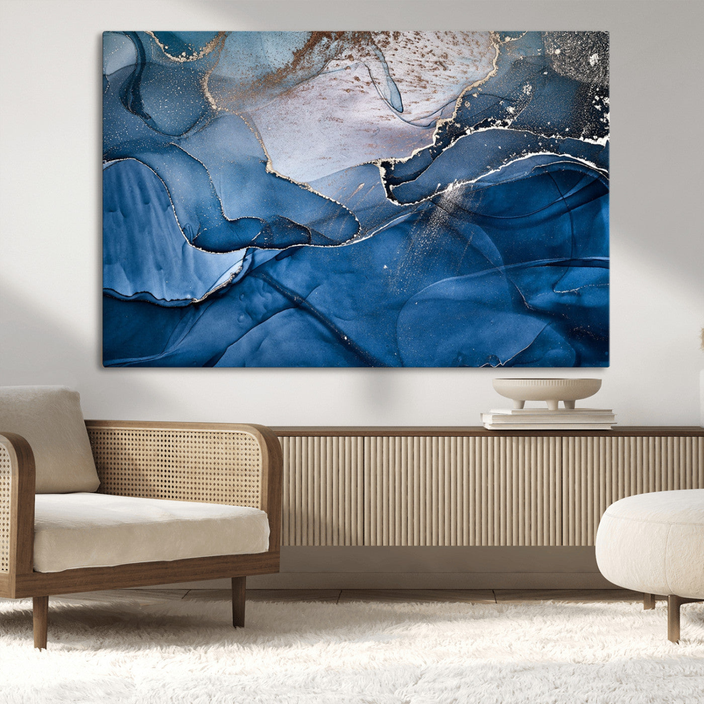 27810-MGV-CV-36X24-Abstract Blue Gold Fluid Art Wall – Modern Canvas Print, Elegant Home & Office Wall Art, Stylish Living Room or Bedroom Decor