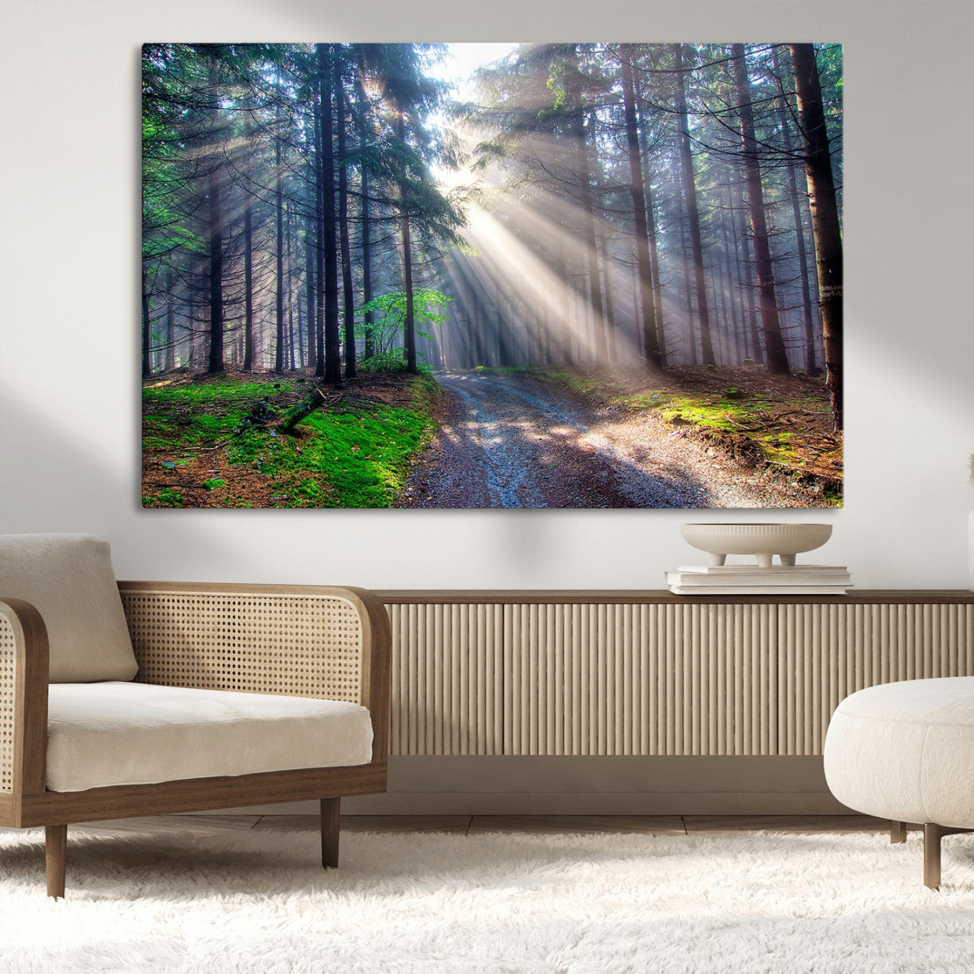 42047-MGV-CV-36X24-Sunlit Forest Path Wall Art – Nature Canvas Print, Serene Woodland Landscape, Perfect Home & Office Decor for Calm and Tranquil