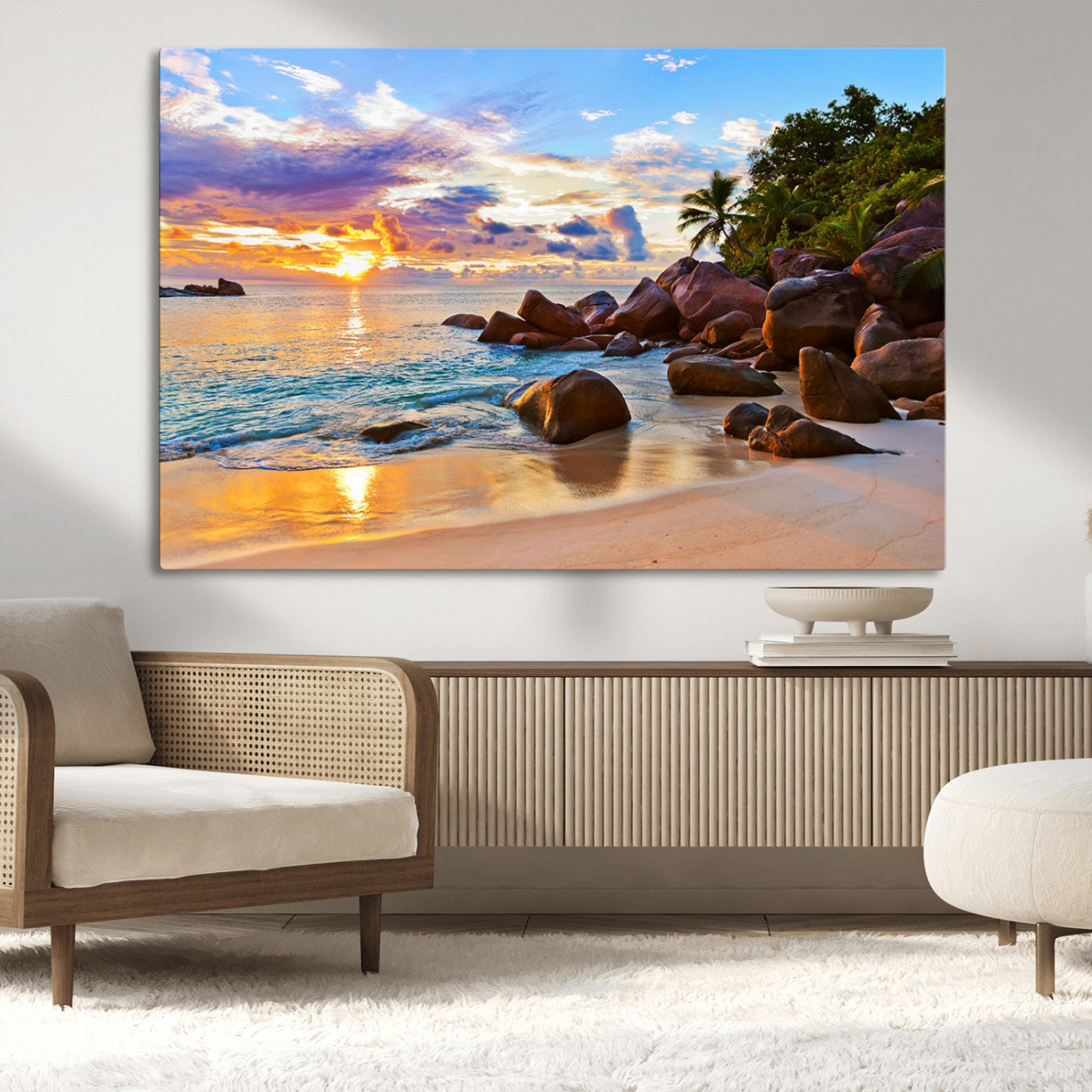 43209-MGV-CV-36X24-Tropical Beach Sunset Wall Art – Golden Ocean Waves and Palm Trees with Rocky Shore Canvas Print, Coastal Seascape Decor for