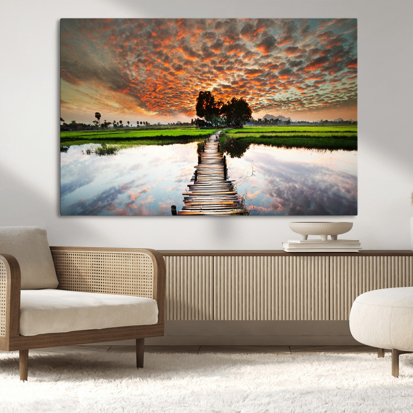 29105-MGV-CV-36X24-Rustic Wooden Bridge Wall Art – Scenic Sunset Over Rice Fields and Reflective Water Canvas Print, Nature Landscape Decor for
