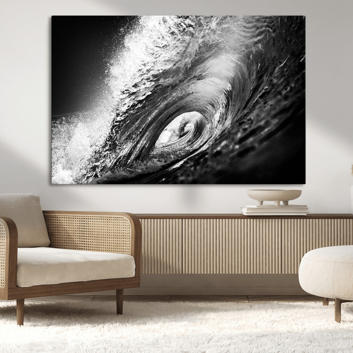 22702-MGV-CV-36X24-Black and White Ocean Wave Wall Art – Powerful Surf Curl Photography Canvas Print, Modern Coastal Decor for Living Room, Office or