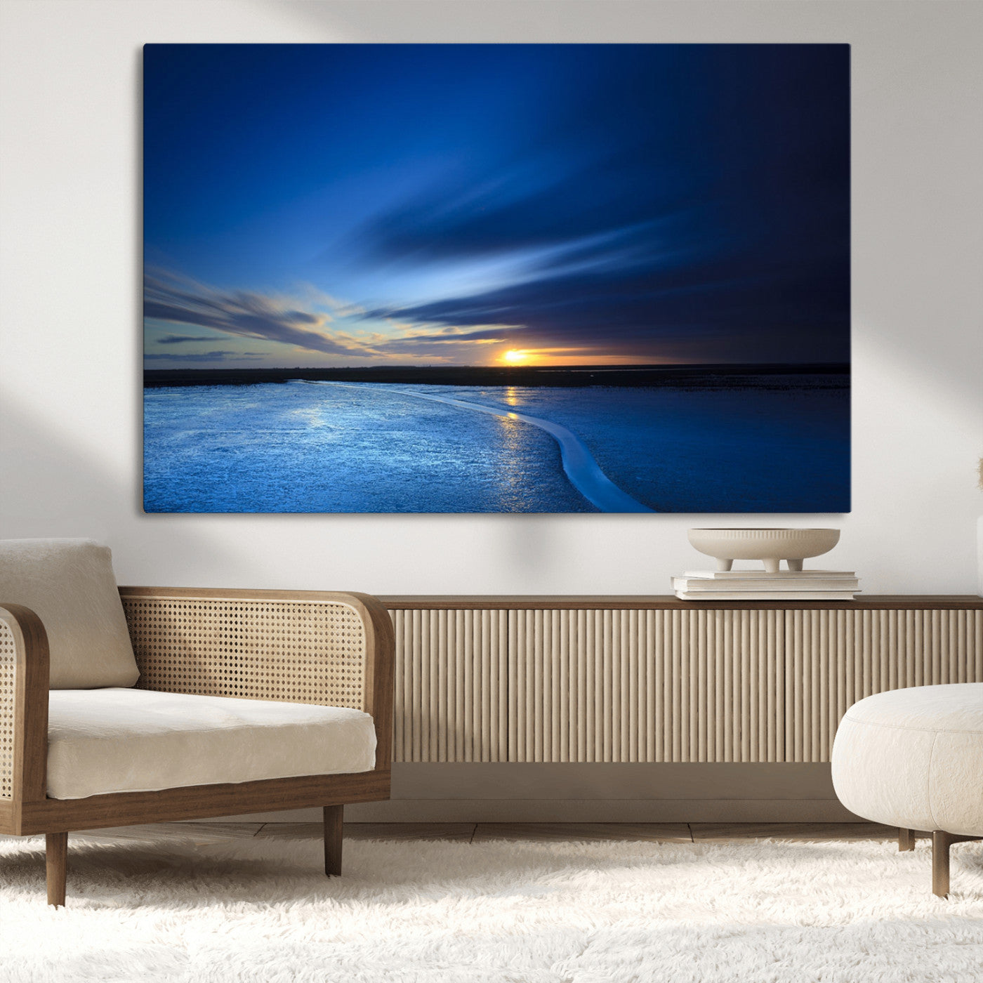 65405-MGV-CV-36X24-Blue Sunrise Seascape Wall Art – Tranquil Ocean Horizon Canvas Print with Golden Sunlight and Deep Sky, Coastal Landscape Decor