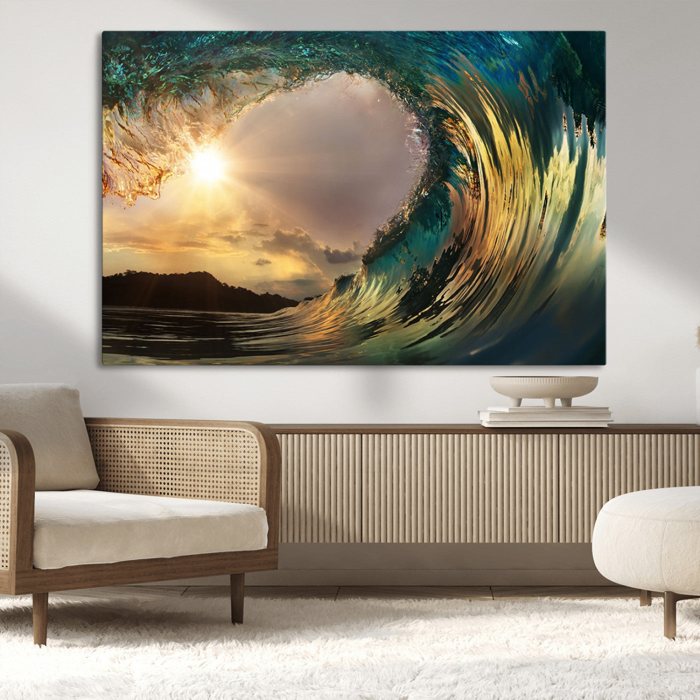 38256-MGV-CV-36X24-Ocean Wave Wall Art – Stunning Sunrise Through Curling Wave Canvas Print, Coastal Surf Photography Seascape Decor for Living Room,