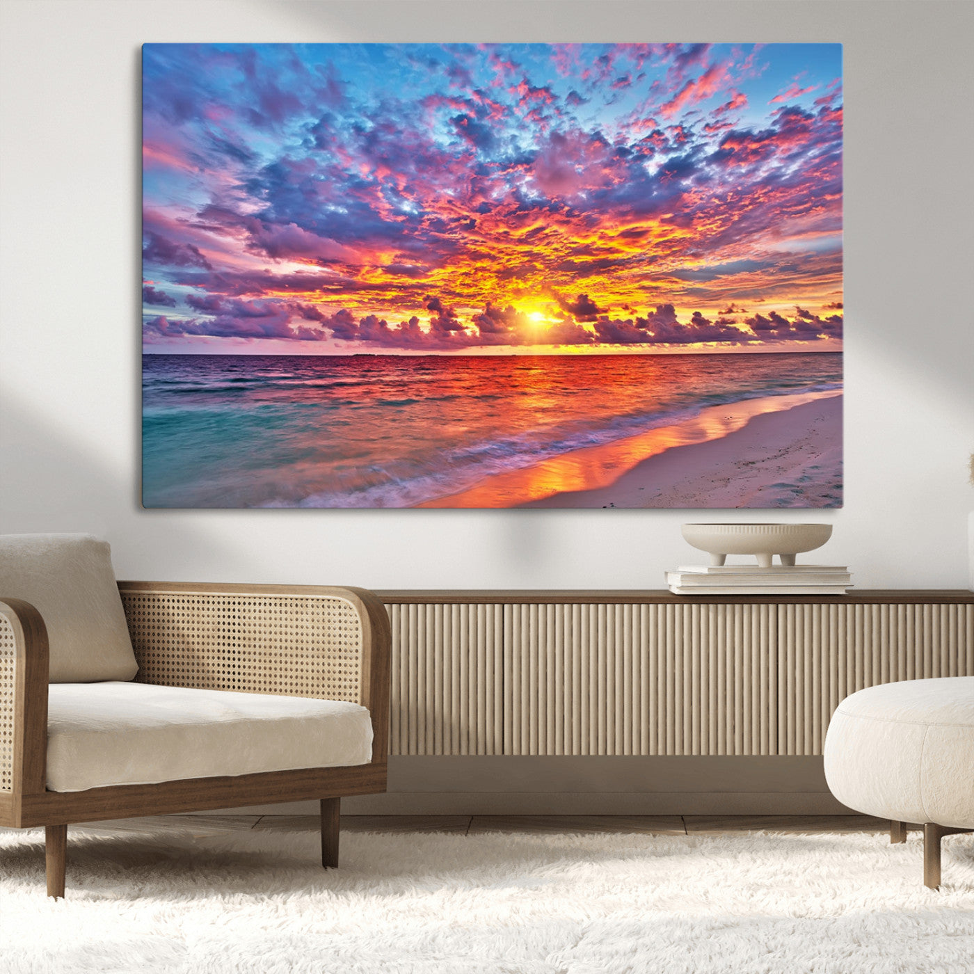 72836-MGV-CV-36X24-Fiery Sunset Beach Wall Art – Panoramic Vibrant Ocean Canvas Print, Dramatic Coastal Decor for Living Room, Bedroom or Office