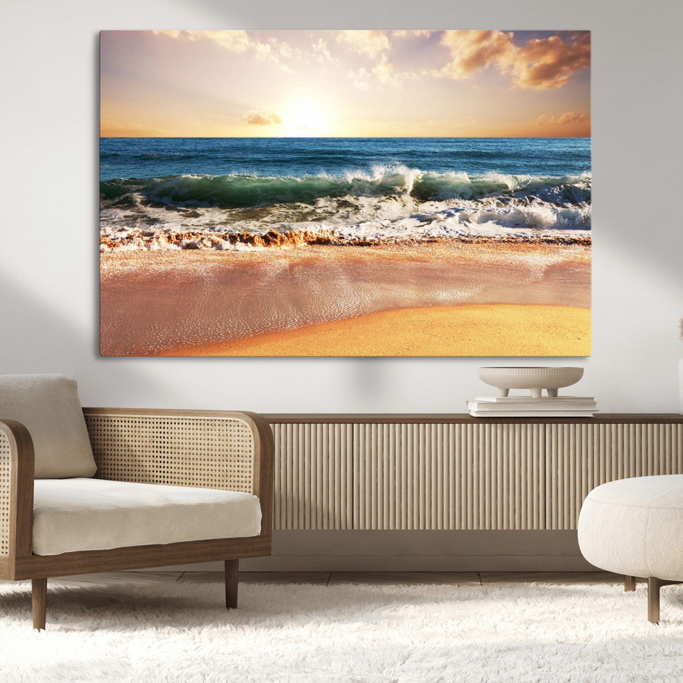 79005-MGV-CV-36X24-Golden Sunrise Ocean Waves Wall Art – Panoramic Seashore Canvas Print, Calming Coastal Decor for Home, Office or Relaxation Space