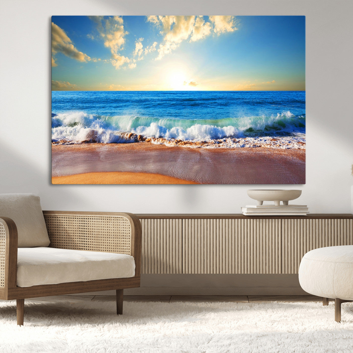 50522-MGV-CV-36X24-Ocean Sunrise Wall Art – Peaceful Beach Waves and Golden Horizon Canvas Print, Coastal Seascape Decor for Home or Office