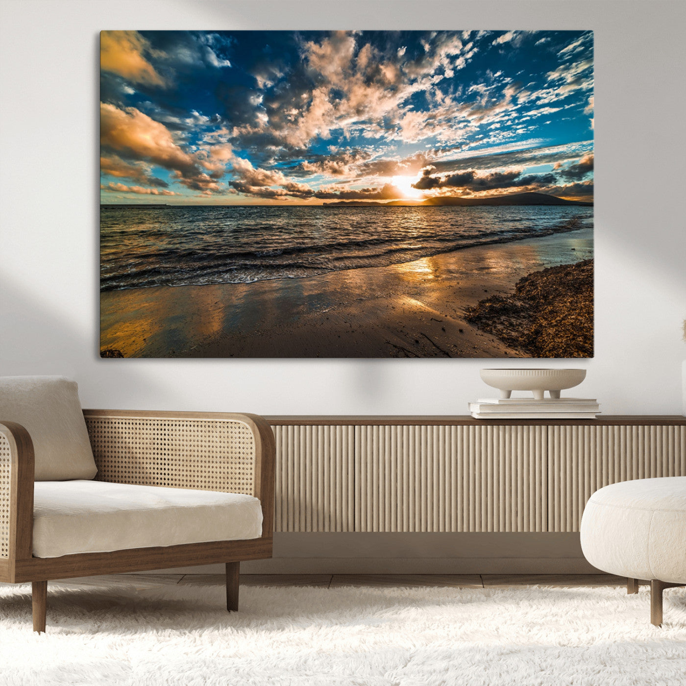27977-MGV-CV-36X24-Golden Sunset Beach Wall Art – Dramatic Ocean Waves and Colorful Sky Canvas Print, Coastal Landscape Decor for Living Room,