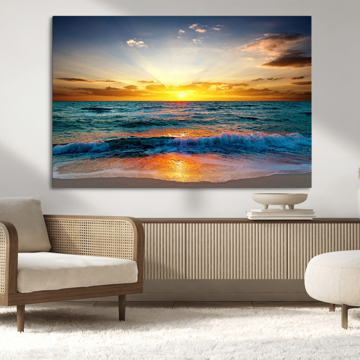 50627-MGV-CV-36X24-Ocean Sunset Wall Art – Serene Beach Canvas Print with Waves and Golden Sky, Coastal Decor for Living Room or Office