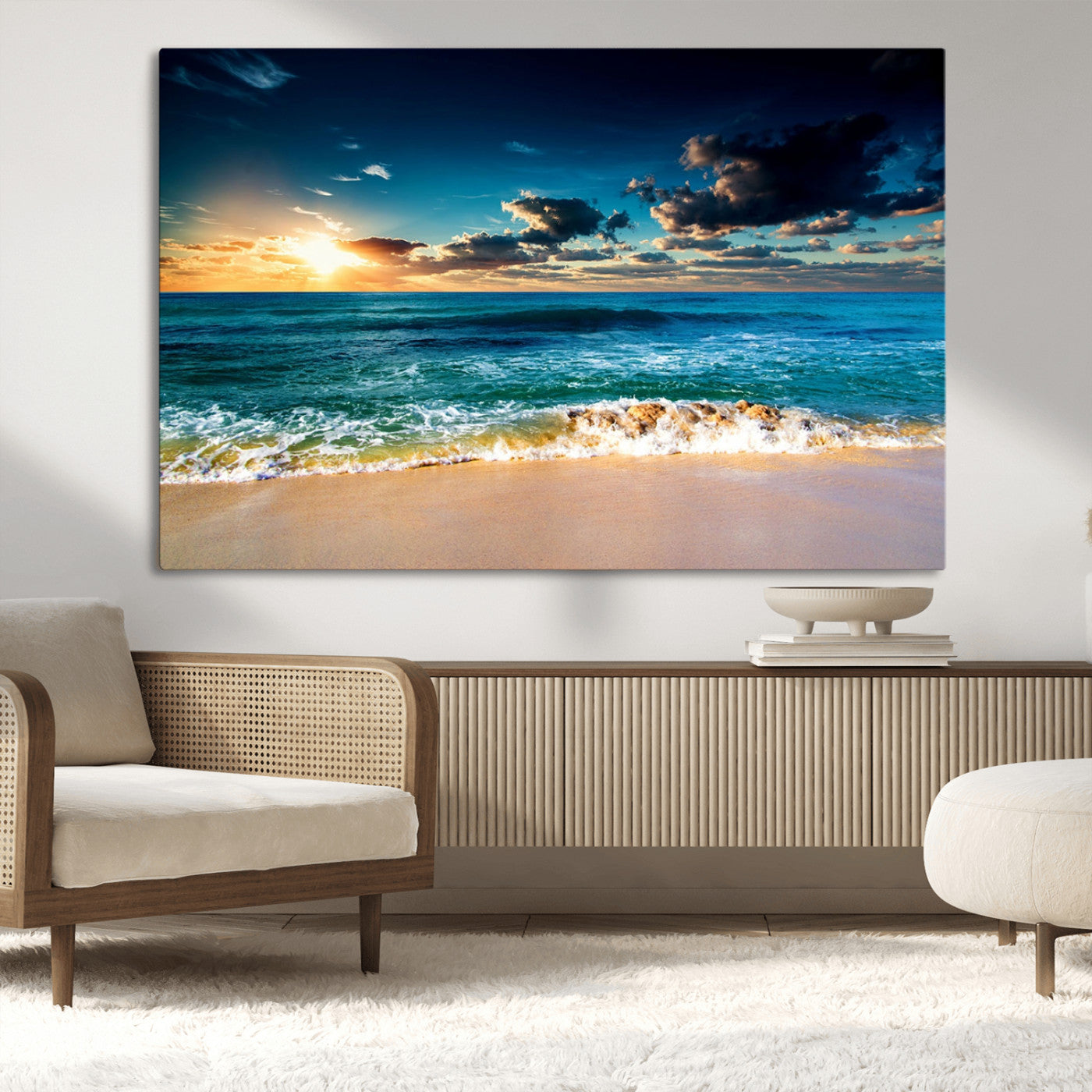 88985-MGV-CV-36X24-Ocean Sunset Wall Art – Tranquil Beach Waves Canvas Print, Coastal Seascape Decor for Living Room or Office