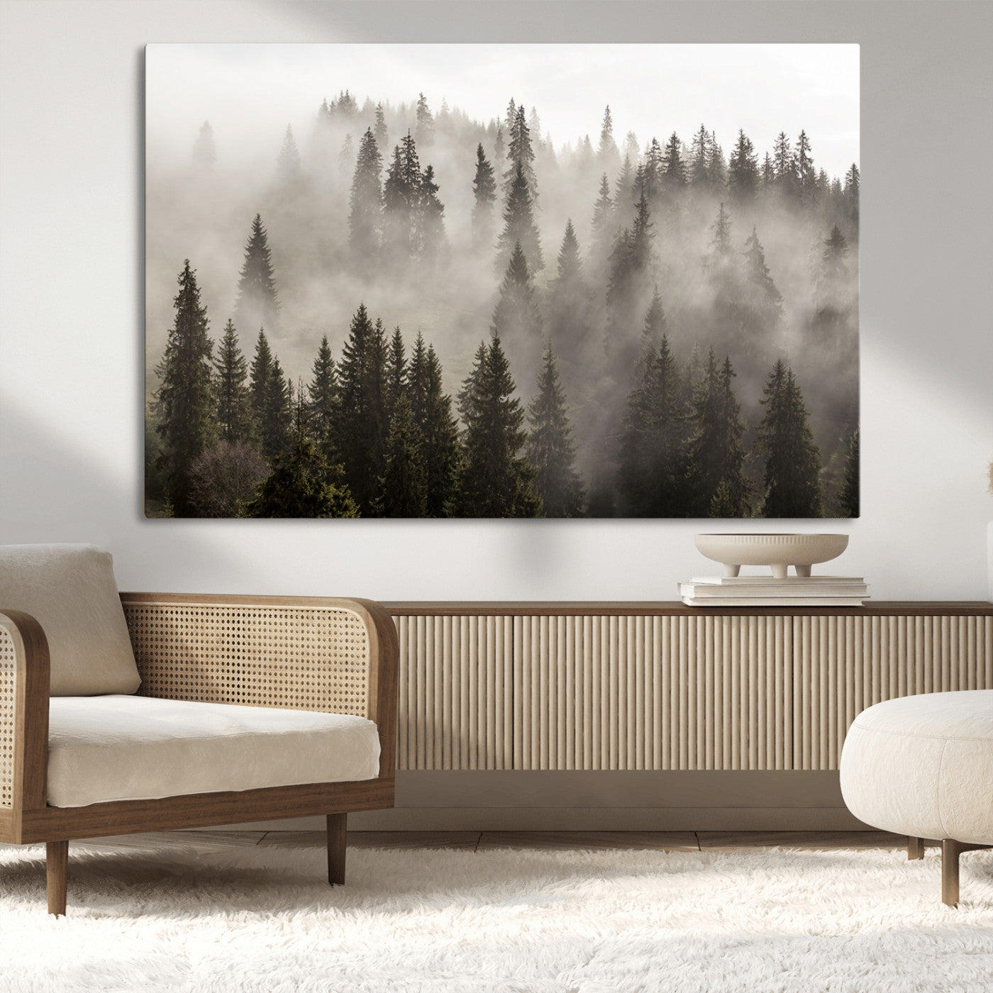 62862-MGV-CV-36X24-Misty Forest Wall Art – Tranquil Pine Tree Canvas Print with Mountain Fog, Nature Landscape Artwork for Living Room, Bedroom, or