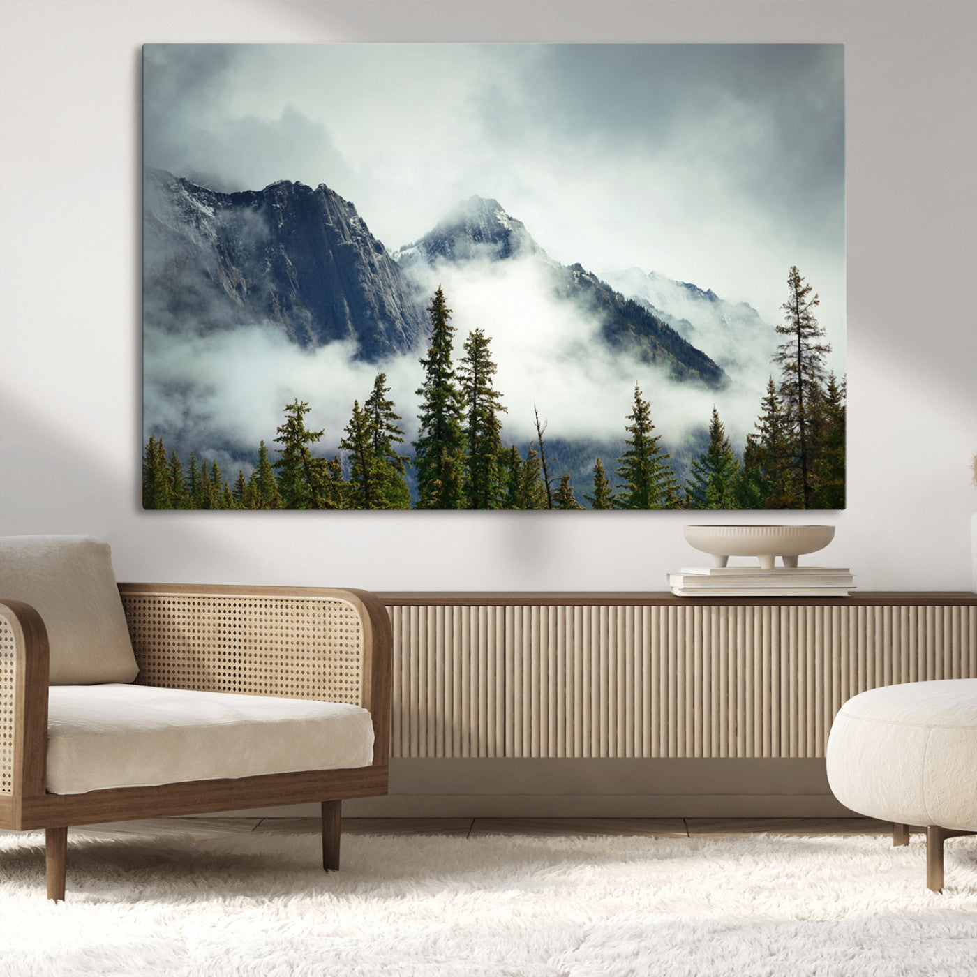93219-MGV-CV-36X24-Misty Mountain Wall Art – Foggy Pines and Rocky Peaks Canvas Print, Nature Landscape Decor for Living Room, Office or Bedroom