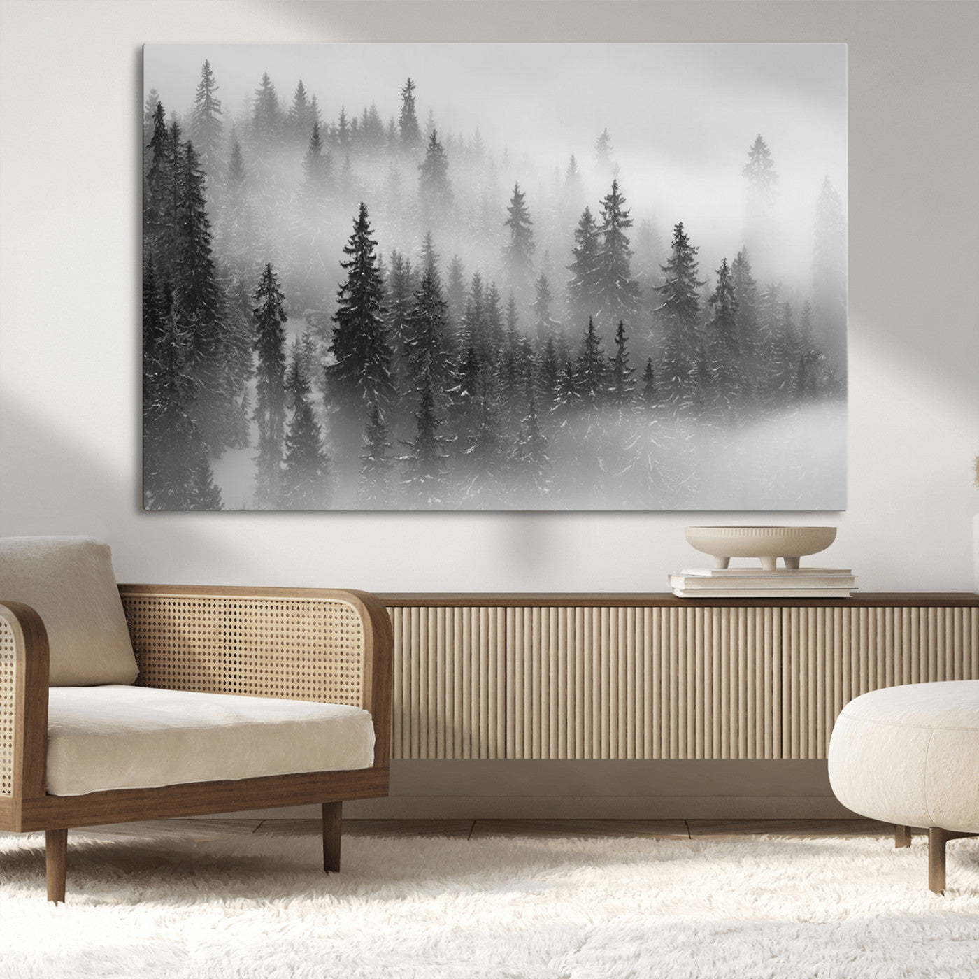 57235-MGV-CV-36X24-Misty Pine Forest Wall Art – Black and White Mountain Landscape Canvas Print, Nature Woodland Decor for Living Room, Bedroom or