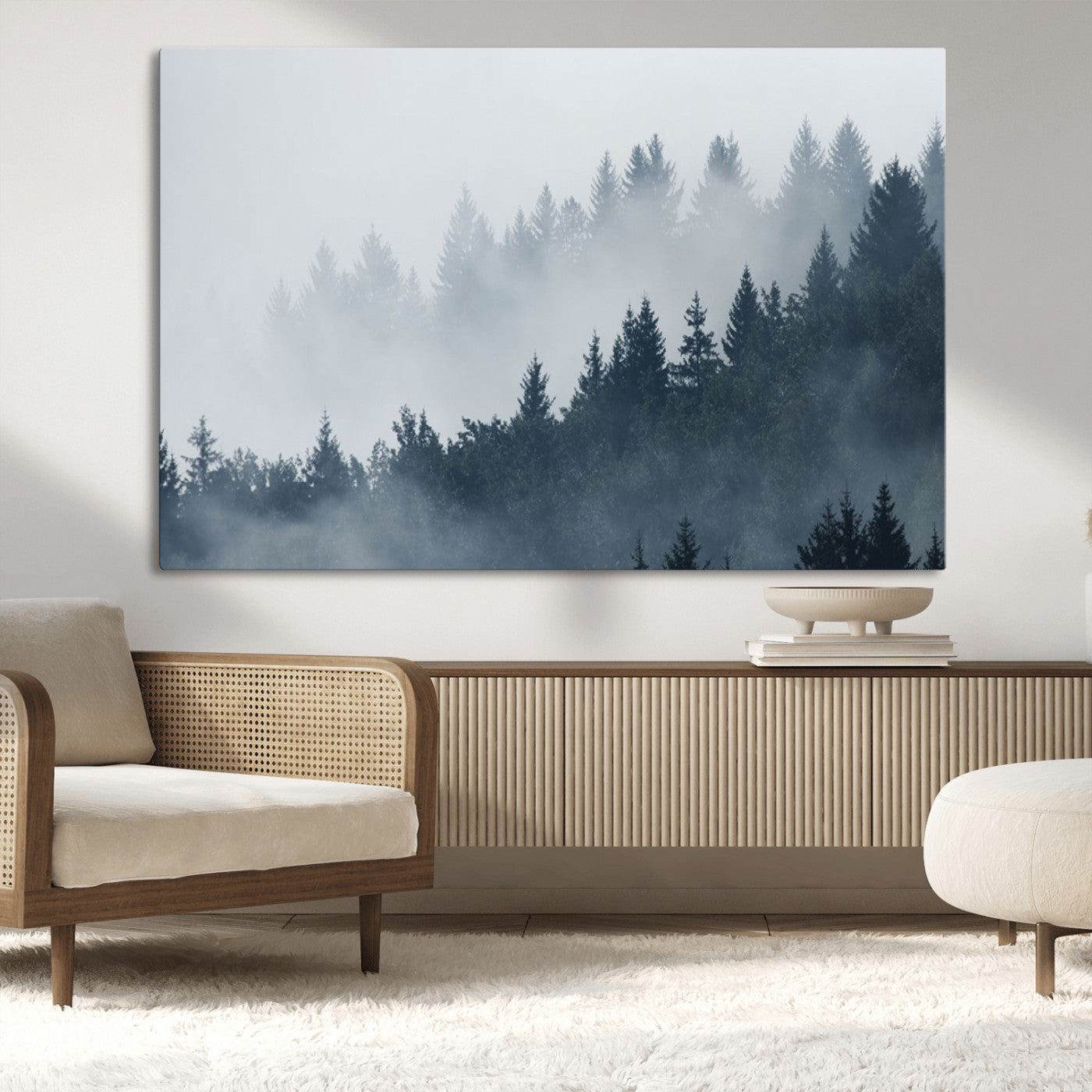 23671-MGV-CV-36X24-Misty Forest Wall Art – Serene Foggy Pine Trees Landscape Canvas Print, Tranquil Nature Decor for Living Room, Bedroom or Office