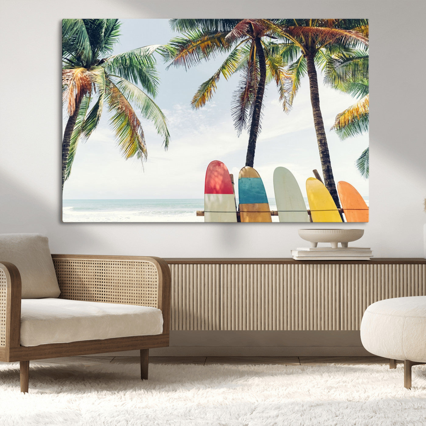 76171-MGV-CV-36X24-Surfboard Wall Art – Tropical Palm Tree and Colorful Surfboards Beach Canvas Print, Coastal Summer Decor for Living Room, Office