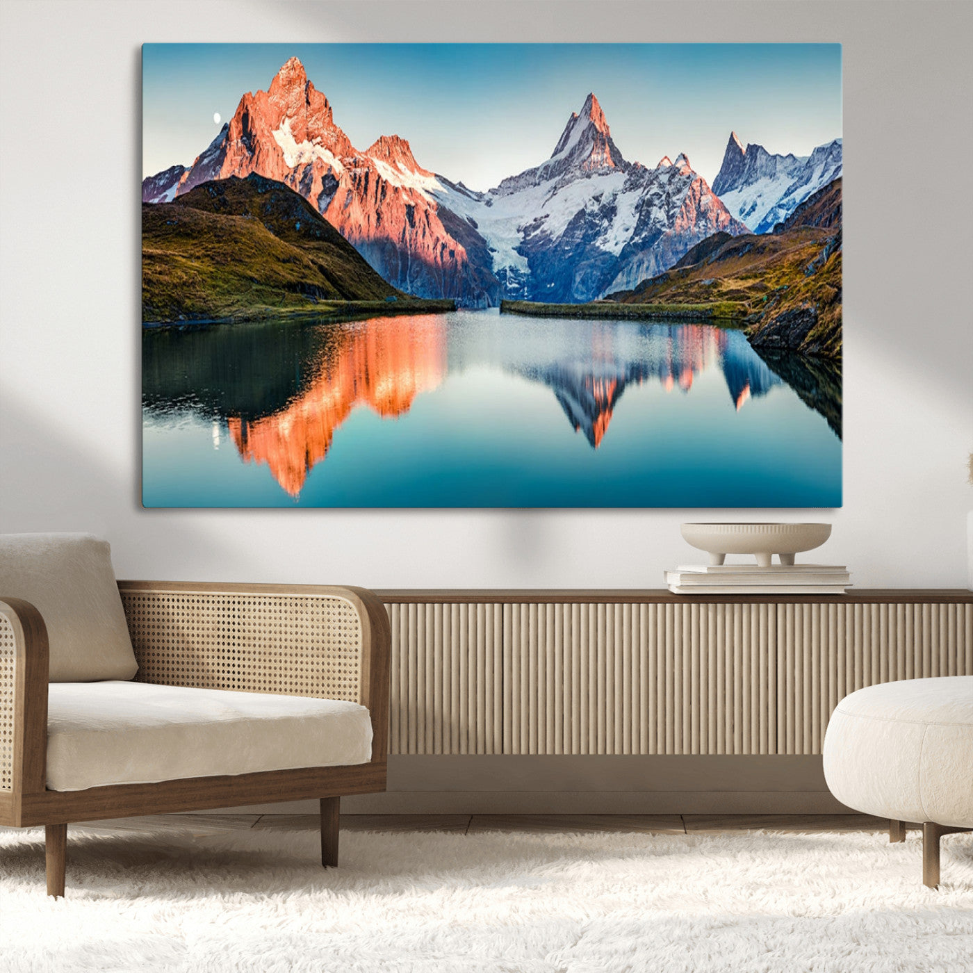 88453-MGV-CV-36X24-Mountain Lake Wall Art – Snow-Capped Peaks Reflected in Alpine Water Canvas Print, Nature Landscape Wall Decor for Living Room or