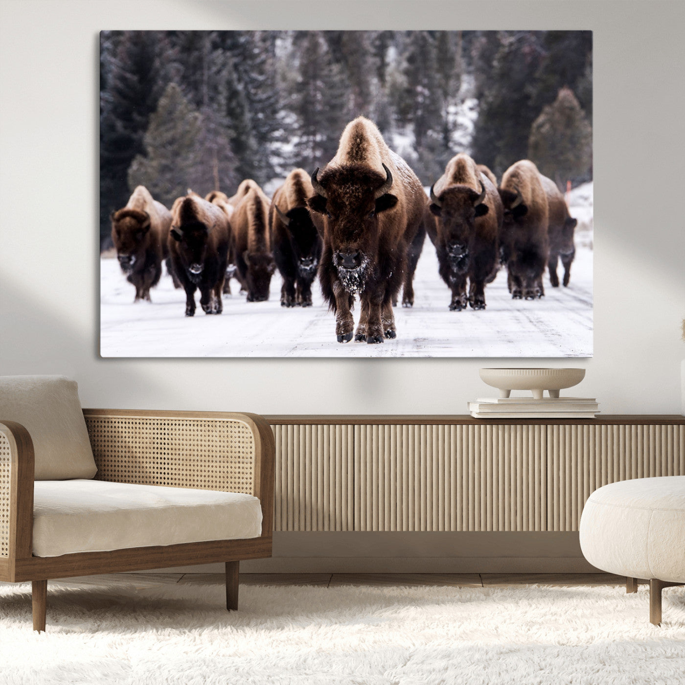 66871-MGV-CV-36X24-Bison Herd Wall Art – Wildlife Buffalo Canvas Print, Rustic Western Nature Photography Decor for Living Room, Office, Cabin, or