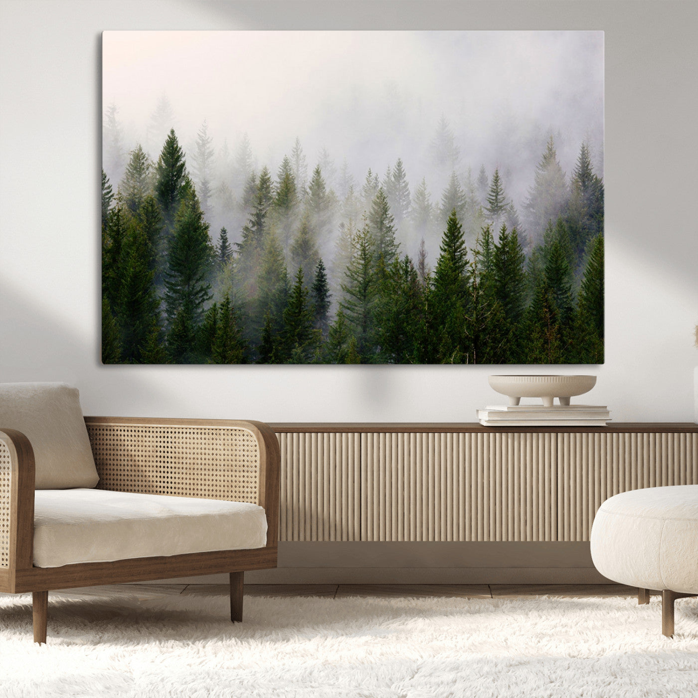 11436-MGV-CV-36X24-Misty Forest Wall Art – Tranquil Evergreen Tree Canvas Print with Foggy Landscape, Nature Inspired Artwork for Bedroom, Living
