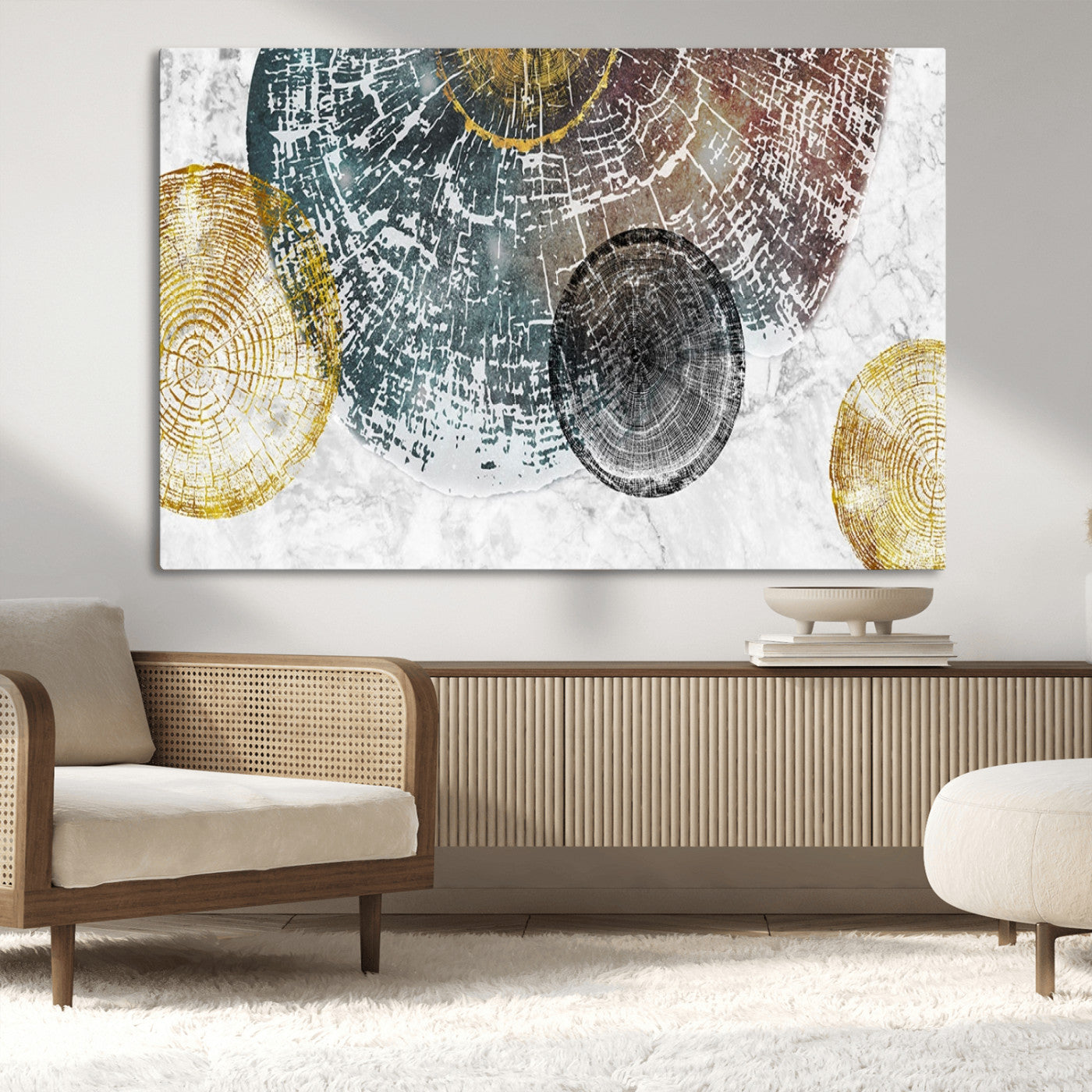 70653-MGV-CV-36X24-Abstract Tree Ring Wall Art – Modern Rustic Wood Slice Canvas Print with Gold Accents, Contemporary Nature Decor for Living Room,