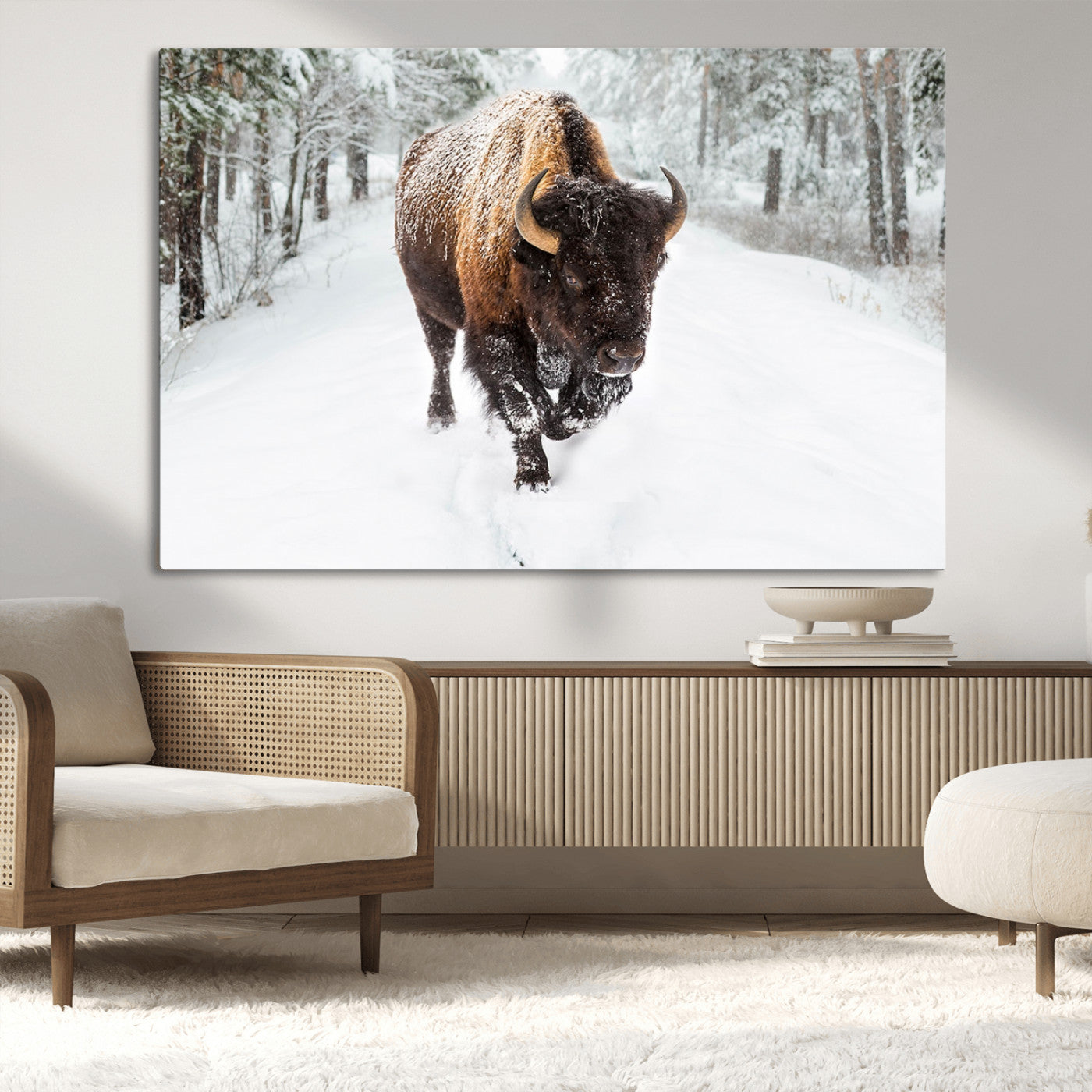 10109-MGV-CV-36X24-Majestic Bison Winter Wall Art – Snowy Forest Buffalo Canvas Print, Rustic Wildlife Photography Decor for Cabin, Lodge, Living