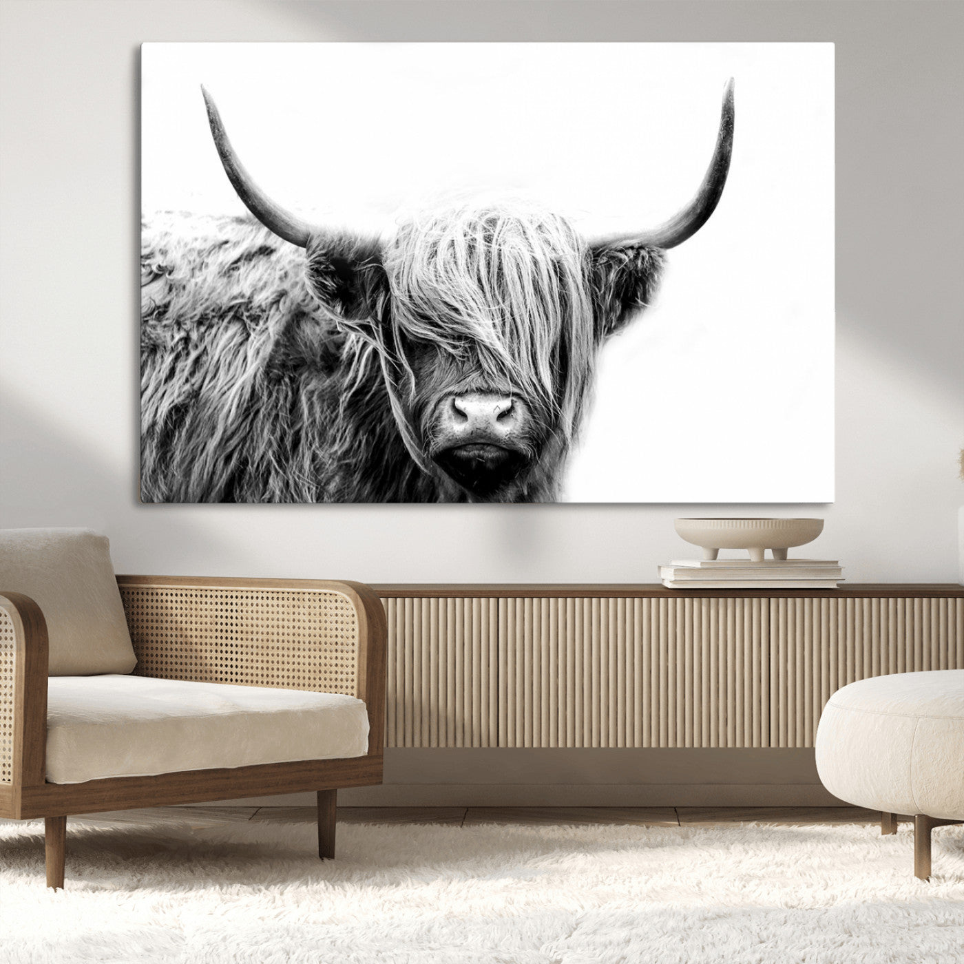 51957-MGV-CV-36X24-Highland Cow Wall Art – Black and White Scottish Highland Bull Canvas Print, Rustic Farmhouse Animal Decor for Living Room,