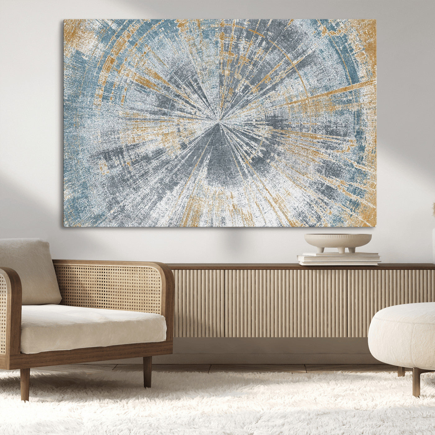 17631-MGV-CV-36X24-Radiant Burst Wall Art – Abstract Sunburst Canvas Print in Blue and Gold, Modern Geometric Painting for Living Room, Office or