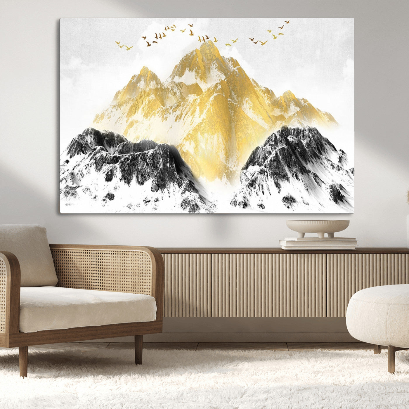 37733-MGV-CV-36X24-Golden Mountain Wall Art – Modern Abstract Landscape Canvas Print with Birds, Luxury Nature Decor for Living Room, Bedroom, or