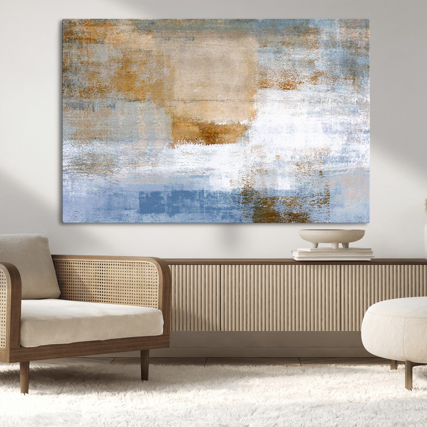 72354-MGV-CV-36X24-Blue and Gold Abstract Wall Art – Modern Minimalist Canvas Print, Textured Contemporary Painting for Living Room, Bedroom, or