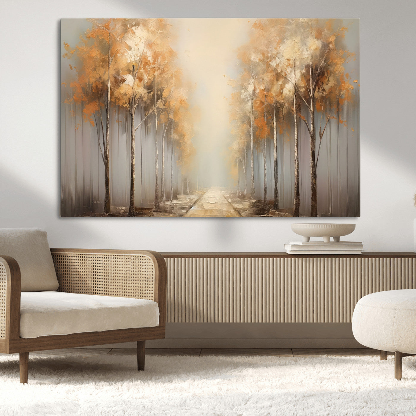95004-MGV-CV-36X24-Autumn Forest Path Wall Art – Hand Painted Canvas Print with Golden Trees, Modern Nature Landscape Decor for Living Room, Bedroom