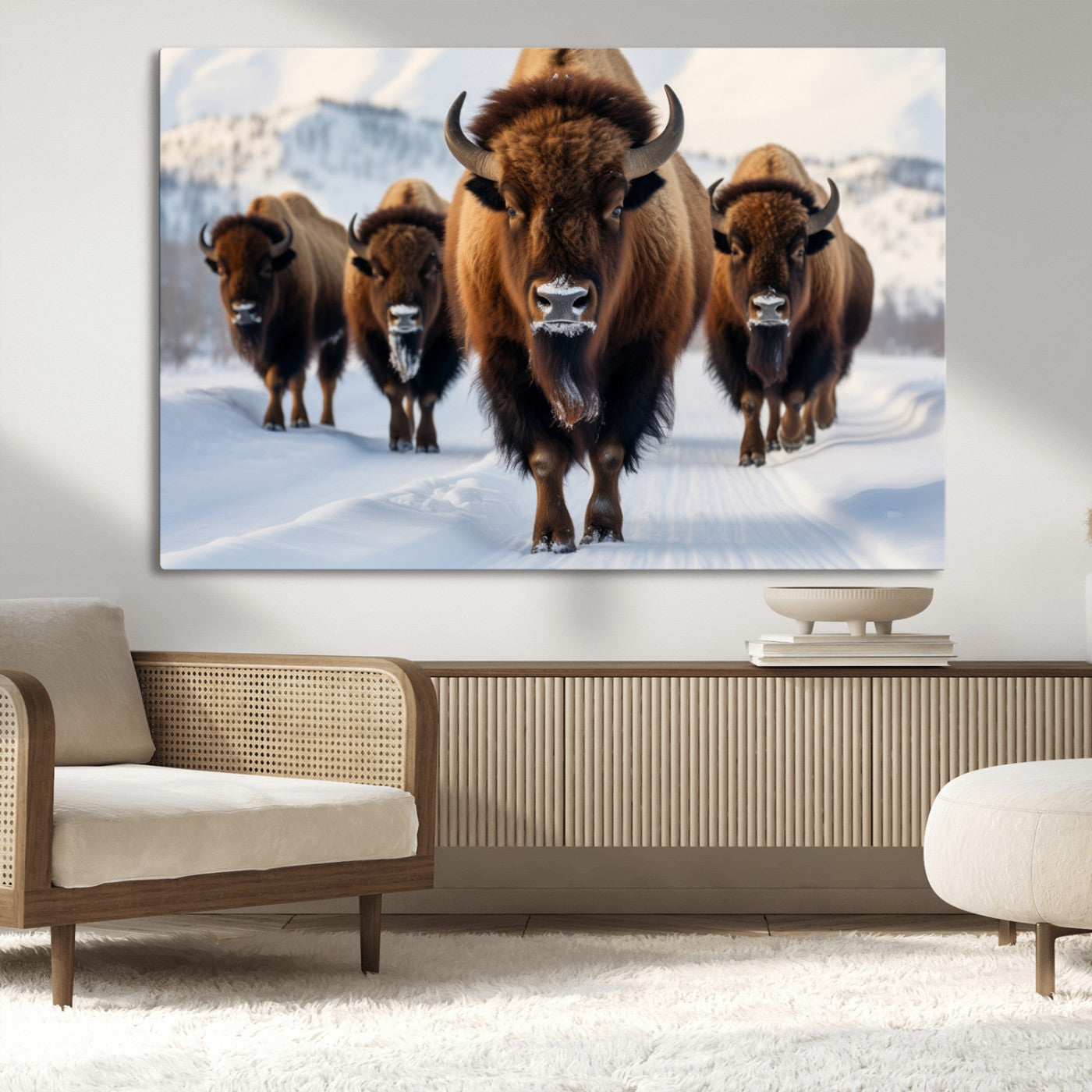 56701-MGV-CV-36X24-Bison Herd Wall Art – Buffalo Walking in Snowy Mountains Canvas Print, Rustic Wildlife Decor for Cabin, Lodge, or Living Room