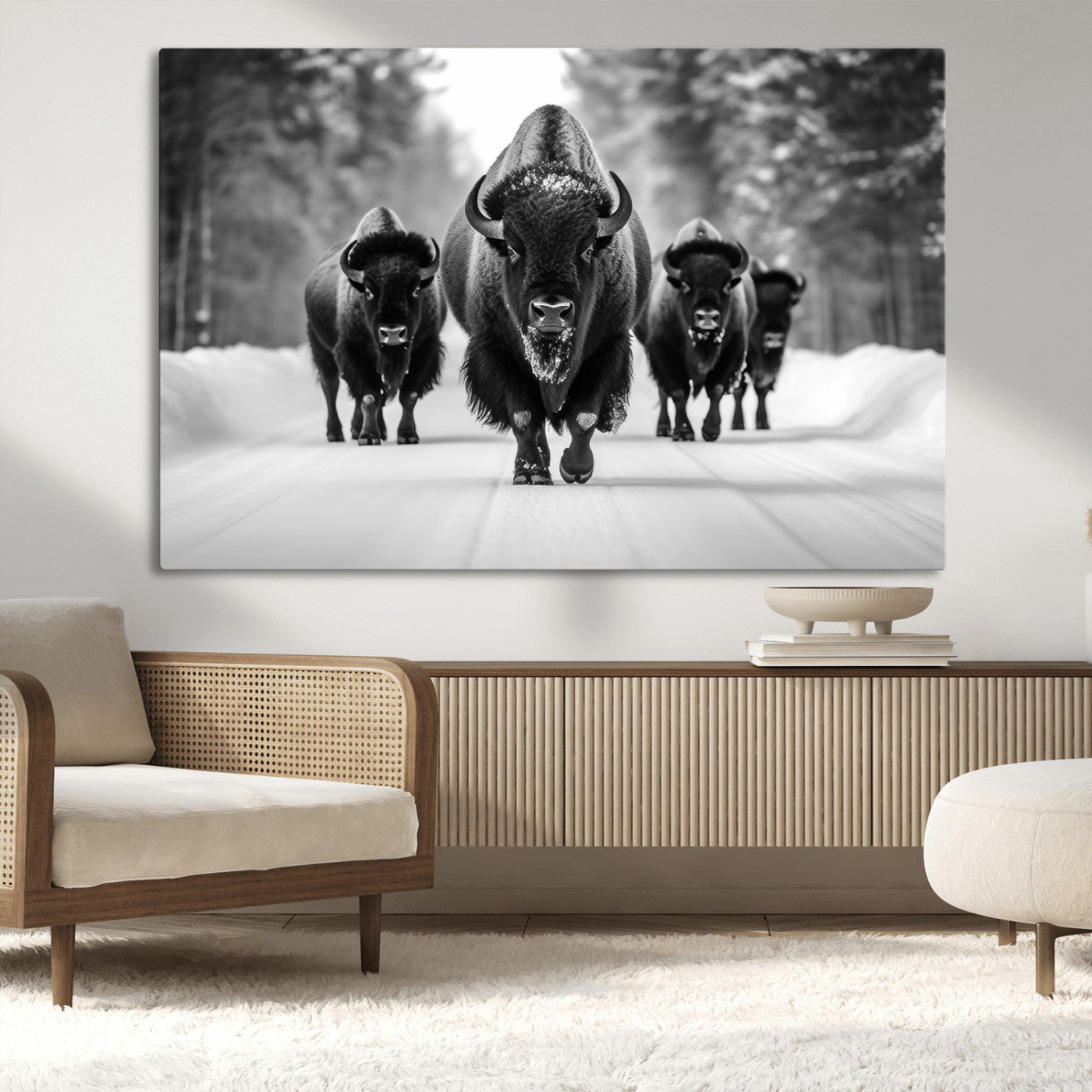 45287-MGV-CV-36X24-Bison Herd Wall Art – Black and White Buffalo Snow Road Canvas Print, Rustic Wildlife Decor for Cabin, Lodge or Living Room