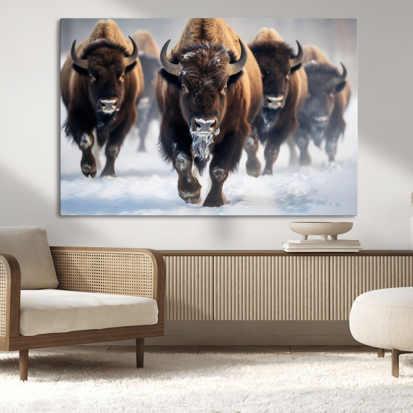80512-MGV-CV-36X24-Bison Herd Wall Art – Buffalo Running in Snow Canvas Print, Rustic Wildlife Photography Decor for Cabin, Lodge, or Living Room