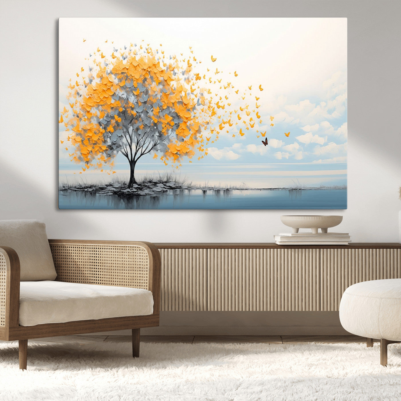 23385-MGV-CV-36X24-Golden Butterfly Tree Wall Art – Abstract Yellow and Gray Canvas Print, Modern Nature Artwork for Living Room, Bedroom or Office