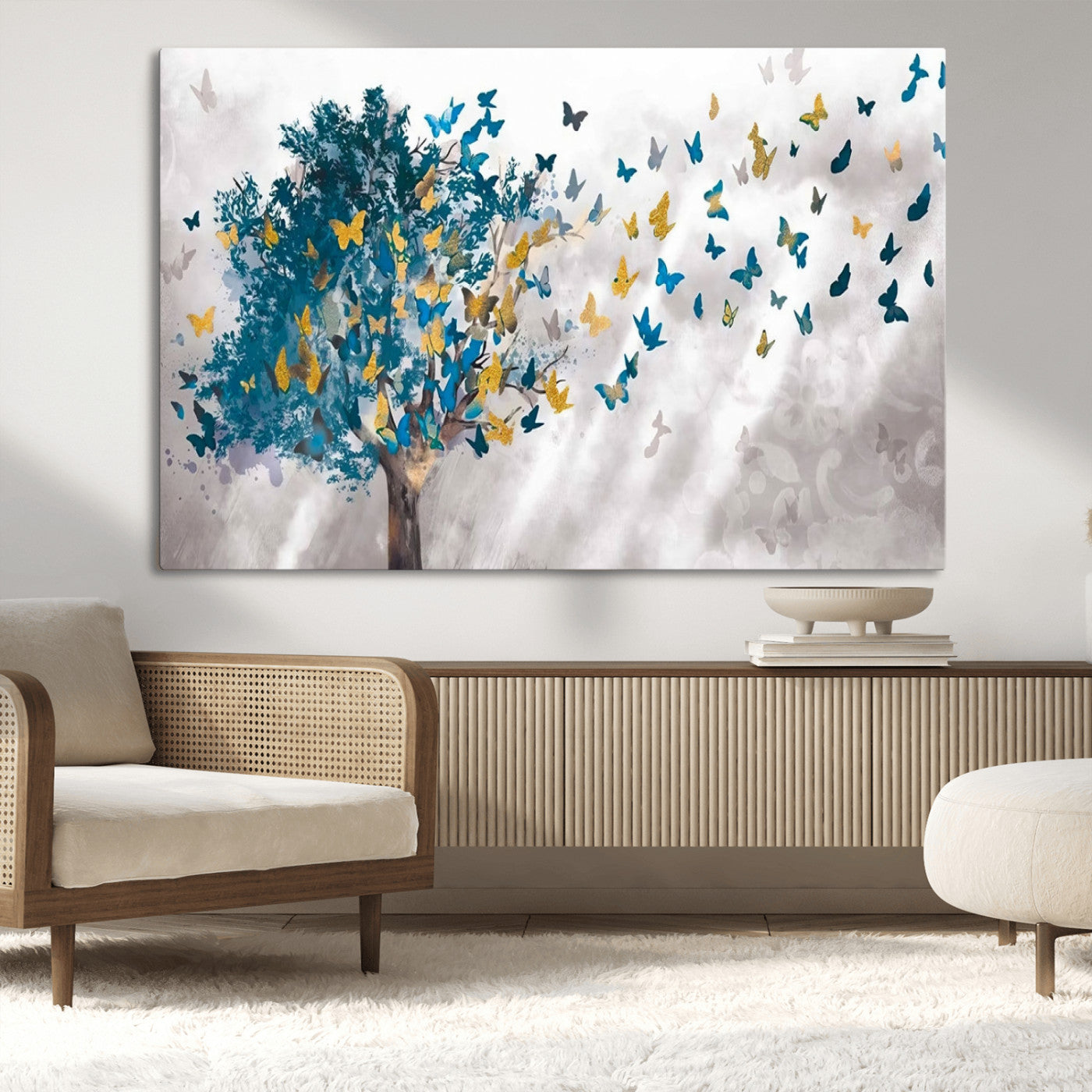 37564-MGV-CV-36X24-Butterfly Tree Wall Art – Modern Nature Canvas Print with Blue and Golden Butterflies, Elegant Decorative Painting for Living Room