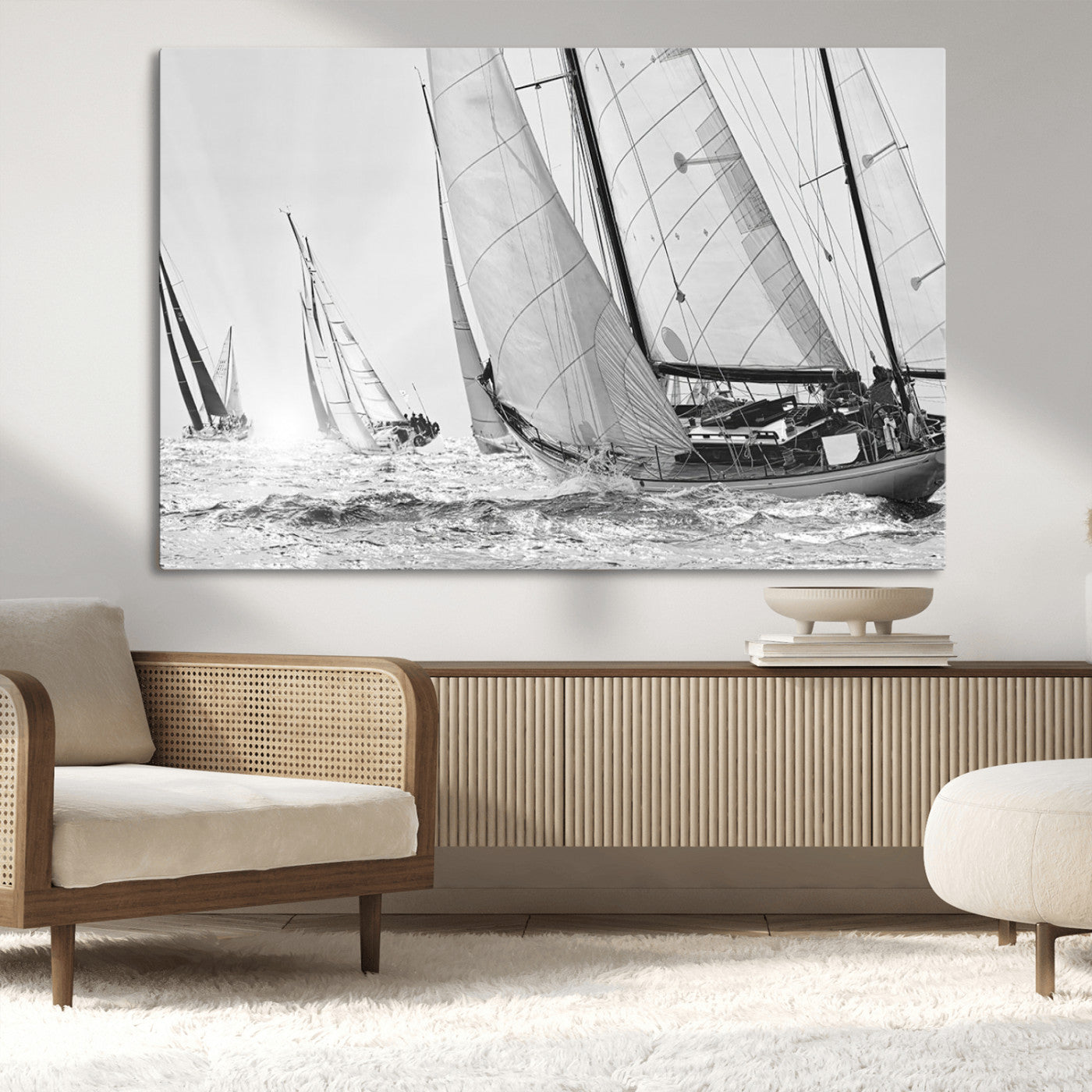 Boat-1-MGV-CV-36X24-Sailboat Racing Wall Art – Nautical Black and White Canvas Print, Ocean Adventure Decor for Office, Living Room or Bedroom