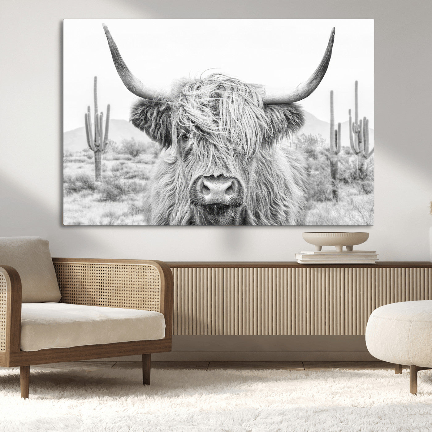 94579-MGV-CV-36X24-Highland Cow Wall Art – Black and White Longhorn Canvas Print, Rustic Western Farmhouse Animal Photography for Living Room,