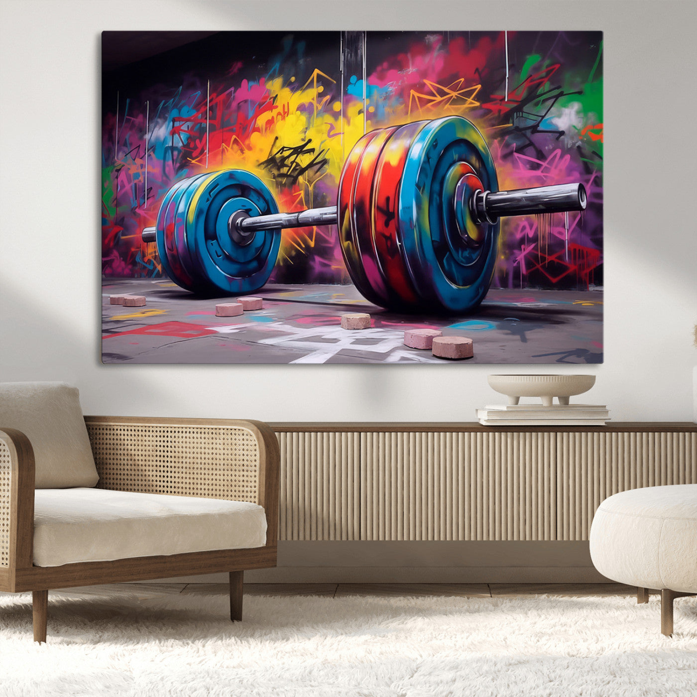 13549-MGV-CV-36X24-Graffiti Gym Wall Art Canvas Print, Framed Graffiti Barbell Art Picture Print, Weightlifting Perfect Fitness Studio Decor Artwork