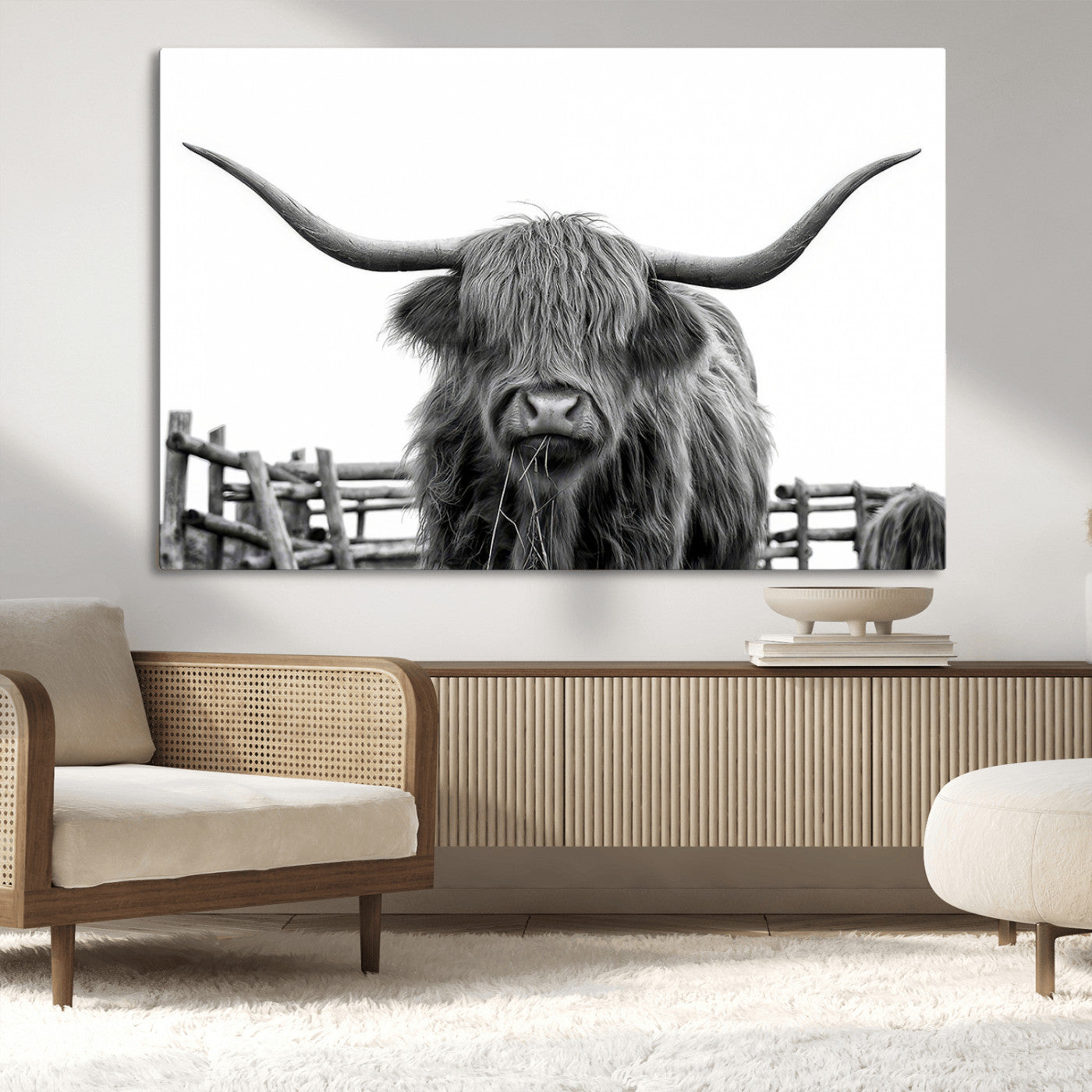58188-MGV-CV-36X24-Highland Cow Wall Art – Black and White Rustic Farmhouse Canvas Print, Longhorn Cattle Photography Decor for Living Room or