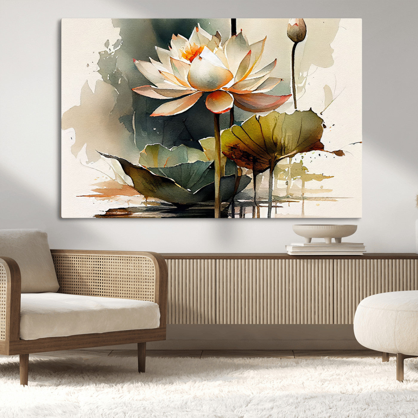 62531-MGV-CV-36X24-Lotus Flower Wall Art – Watercolor Botanical Canvas Print, Tranquil Nature Artwork for Living Room, Bedroom or Meditation Space