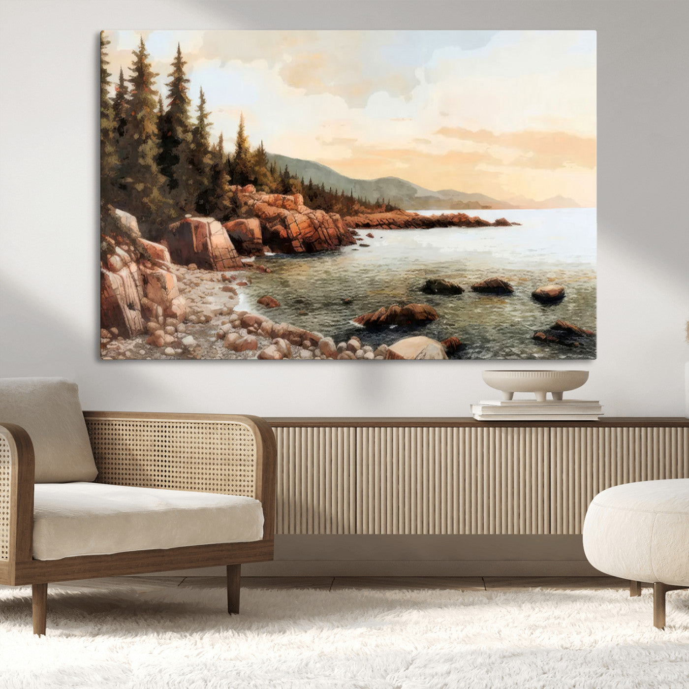 77145-MGV-CV-36X24-Coastal Landscape Wall Art – Panoramic Rocky Shoreline and Pine Trees Canvas Print, Rustic Nature Decor for Cabin, Lodge, Office,