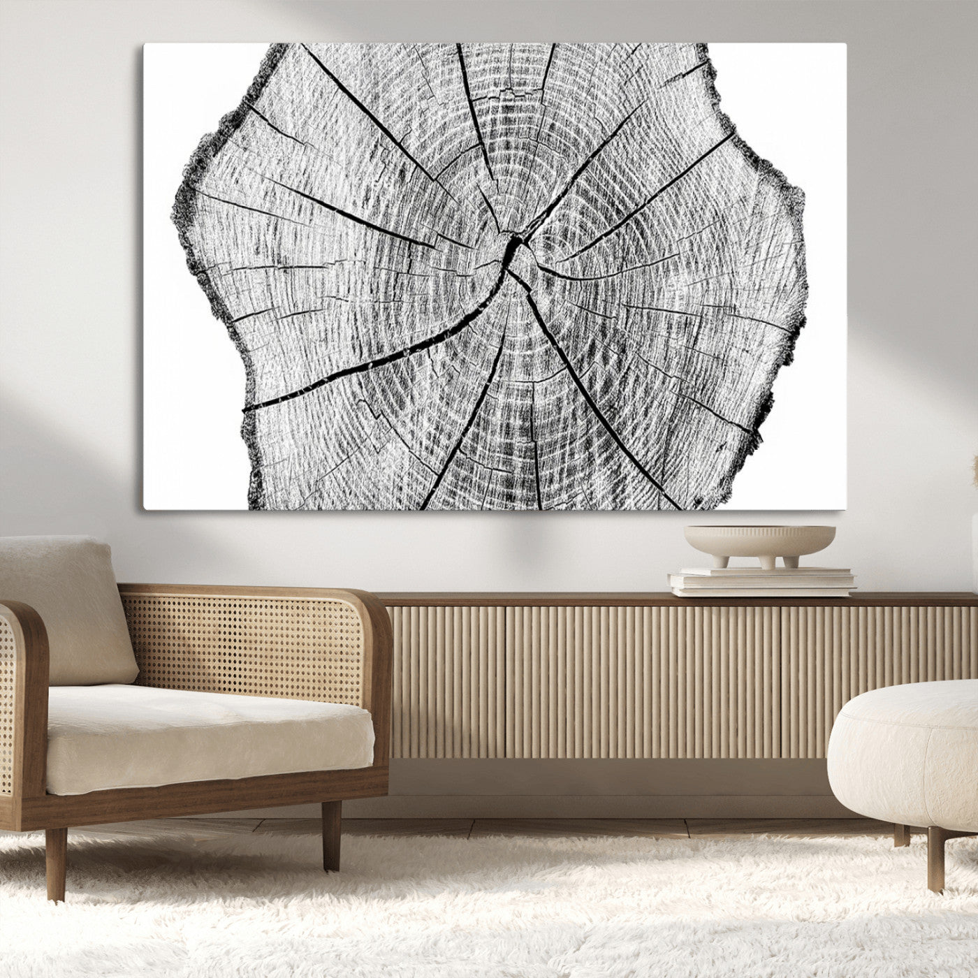 98709-MGV-CV-36X24-Tree Ring Wall Art – Black and White Canvas Print Rustic Wood Cross Section, Minimal Nature Inspired Decor for Living Room,